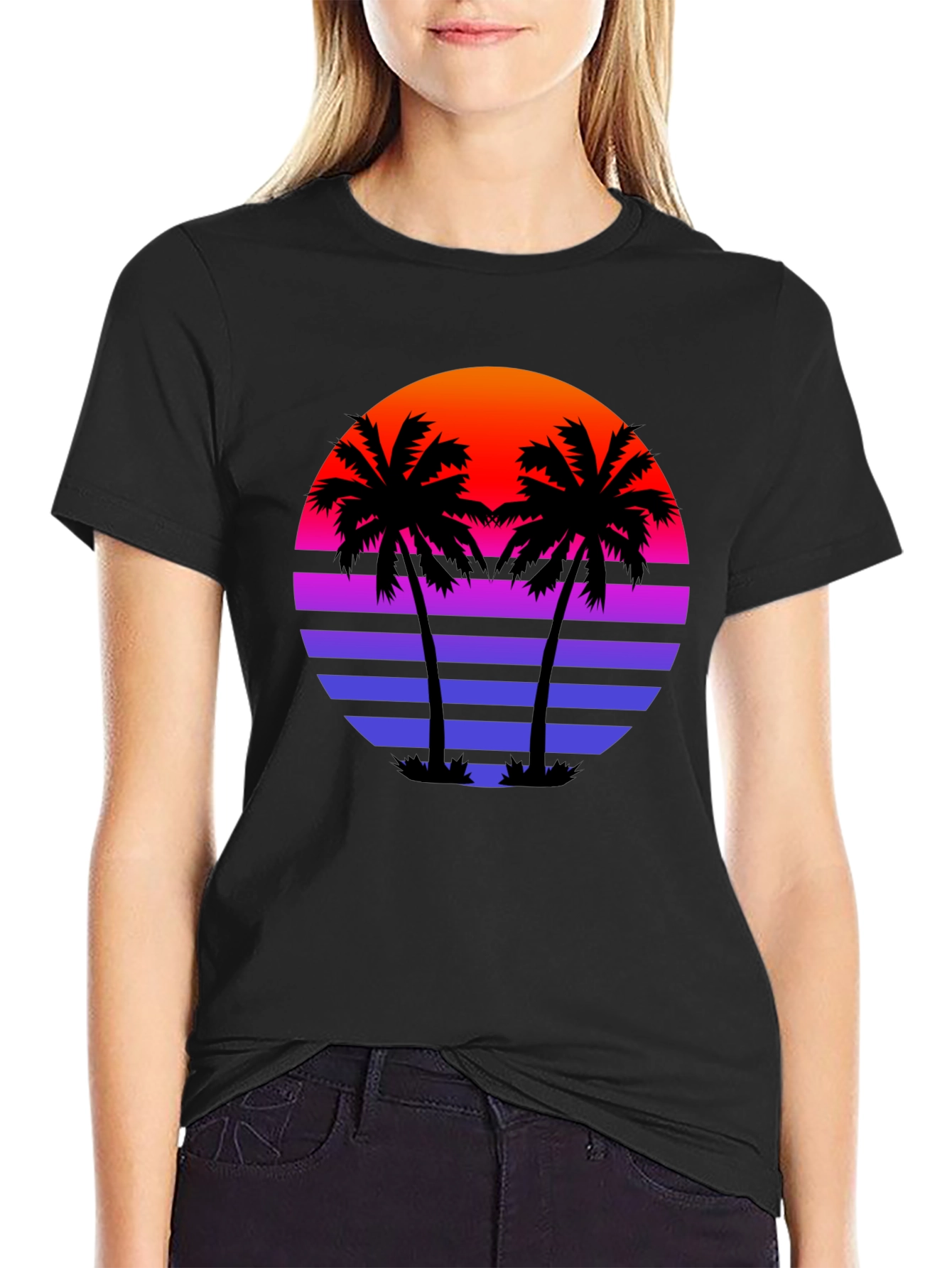 Retro Sunset Palm Tree Black T-Shirt