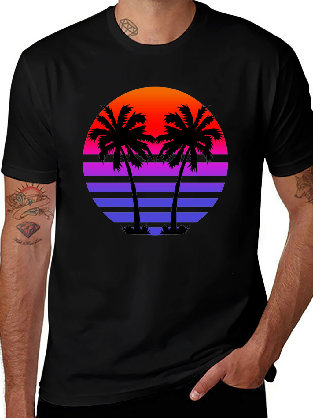 Retro Sunset Palm Tree Black T-Shirt