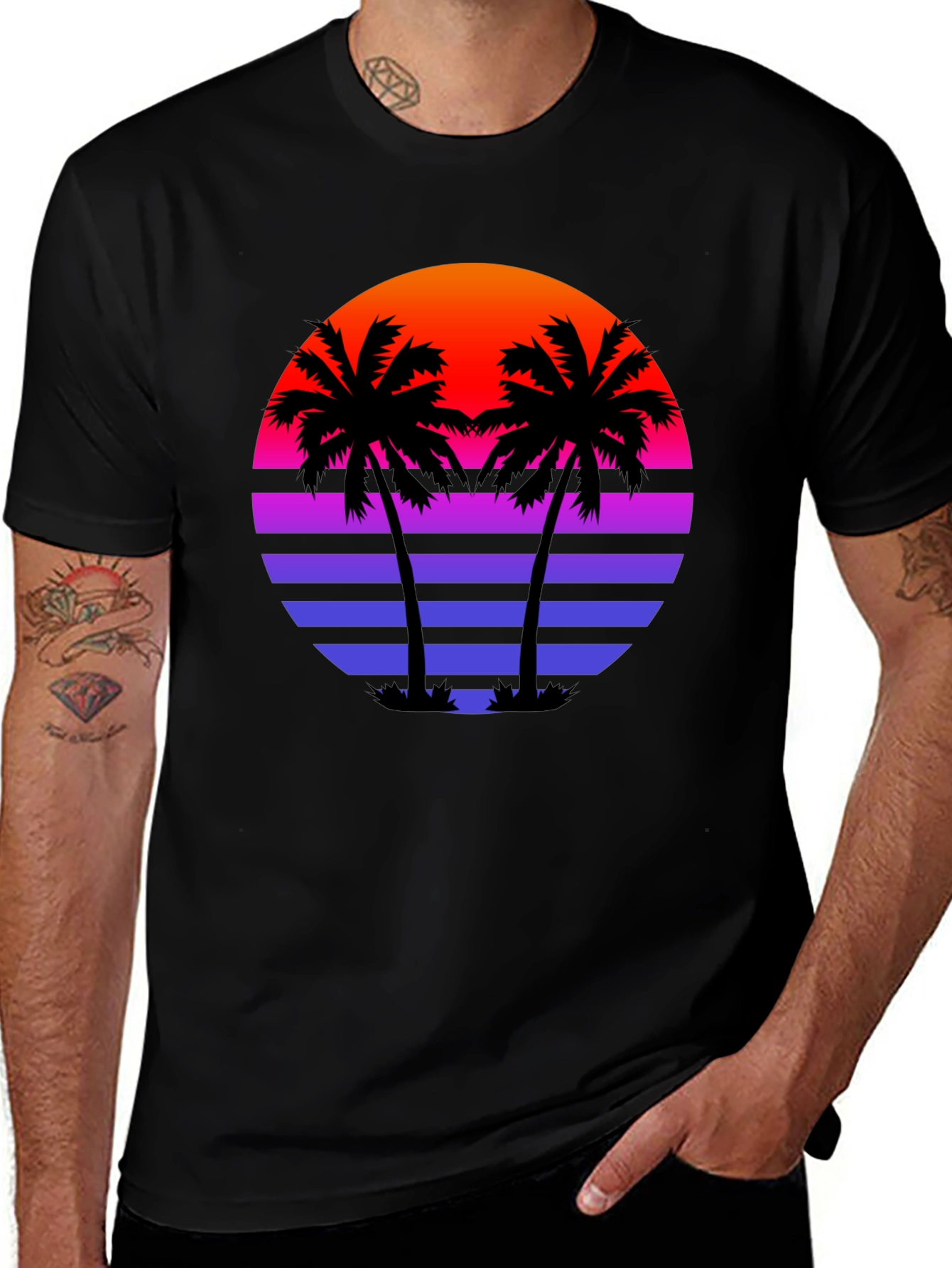 Retro Sunset Palm Tree Black T-Shirt