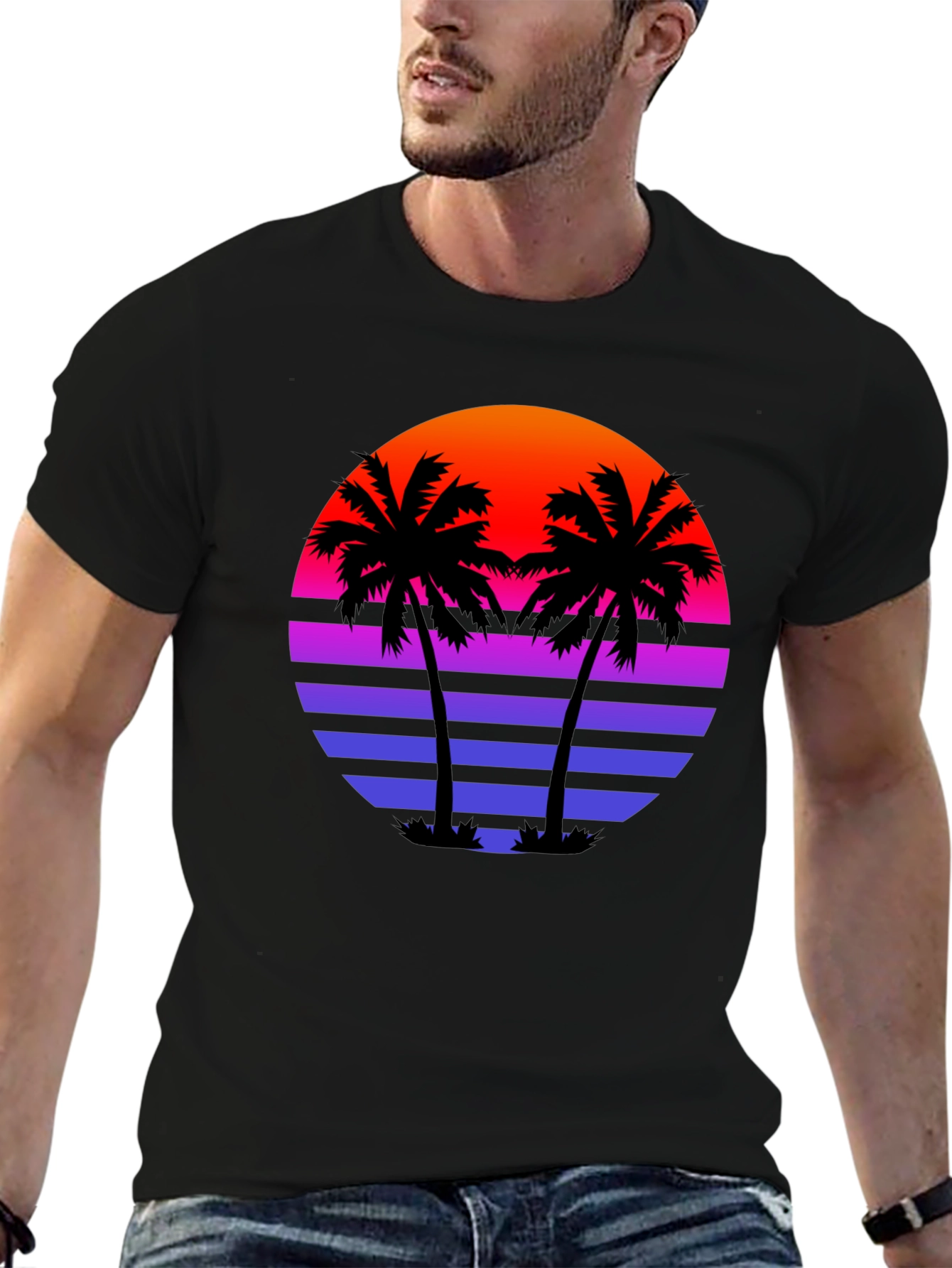Retro Sunset Palm Tree Black T-Shirt