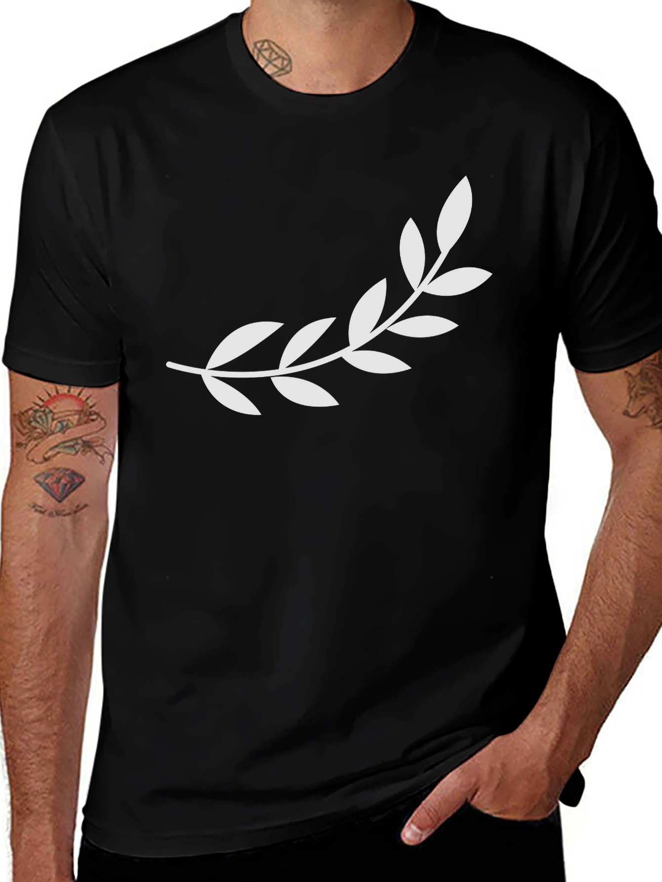 Mens Black T-Shirt with Olive Branch Design