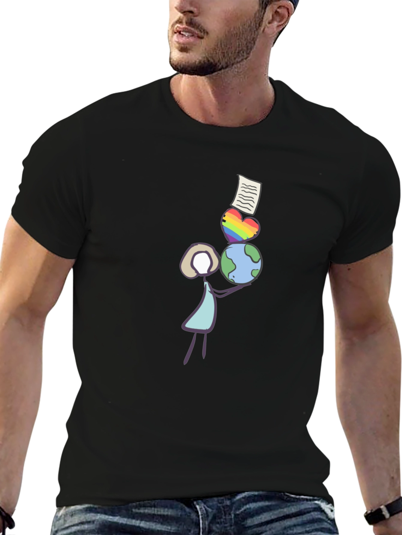 Stick Figure Balancing Globe Heart and Paper T-Shirt