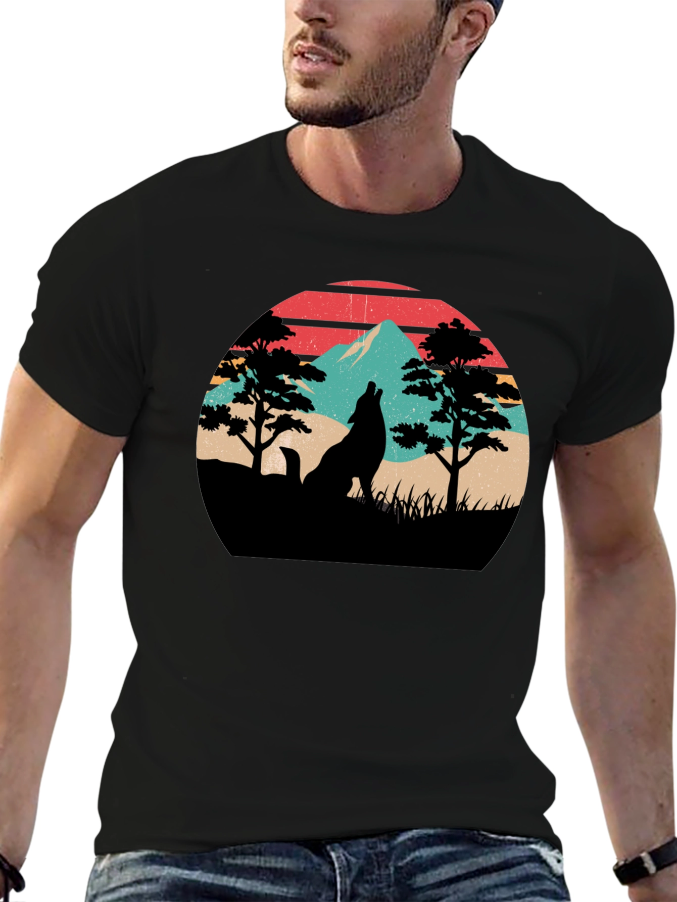 Retro Wolf Mountain Graphic T-Shirt - Black