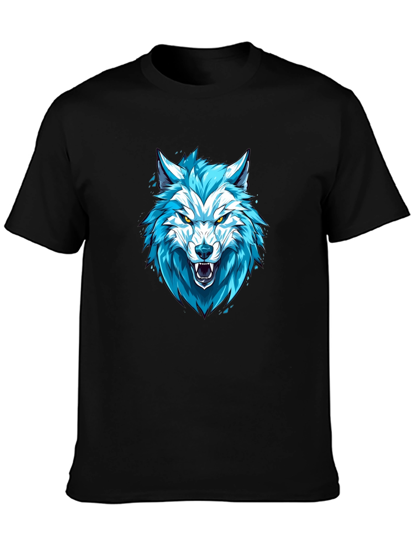 Blue Wolf Graphic Print Black T-Shirt