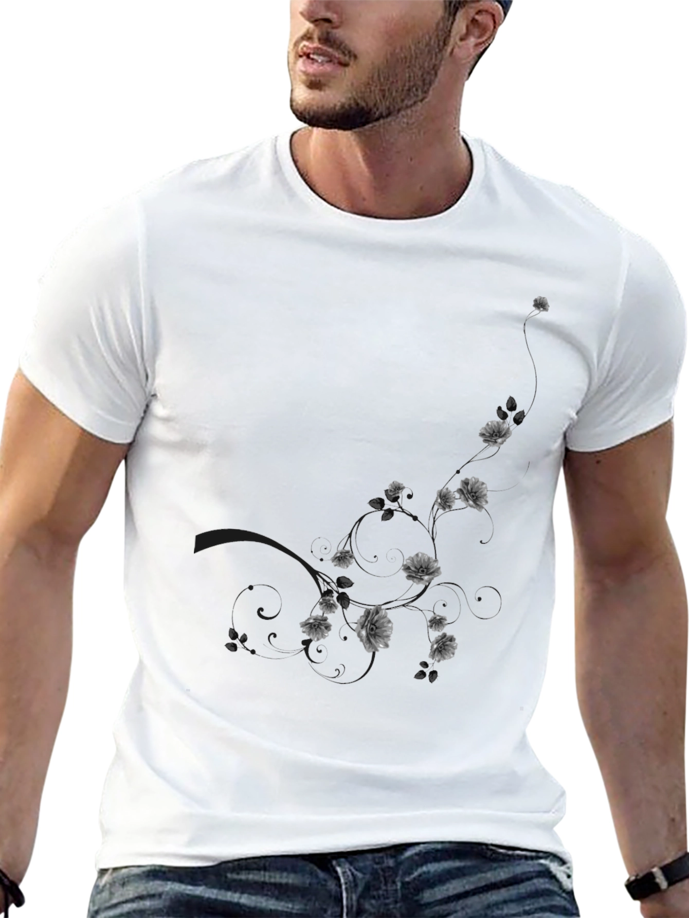 Mens Black Floral Graphic T-Shirt