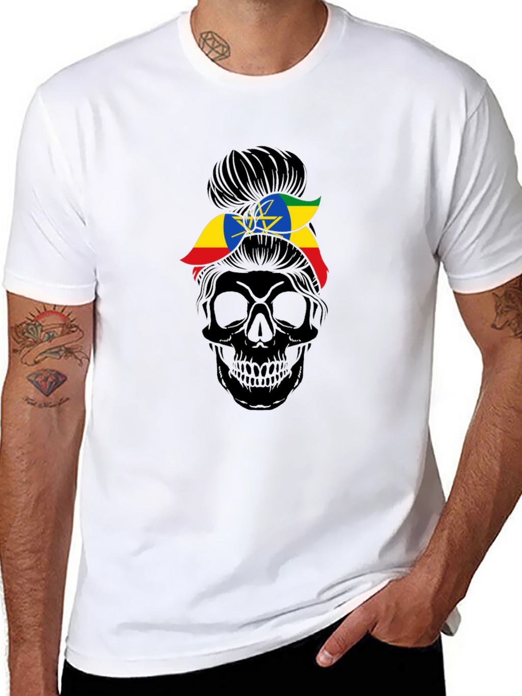 Ethiopia Flag Messy Bun Skull T-Shirt
