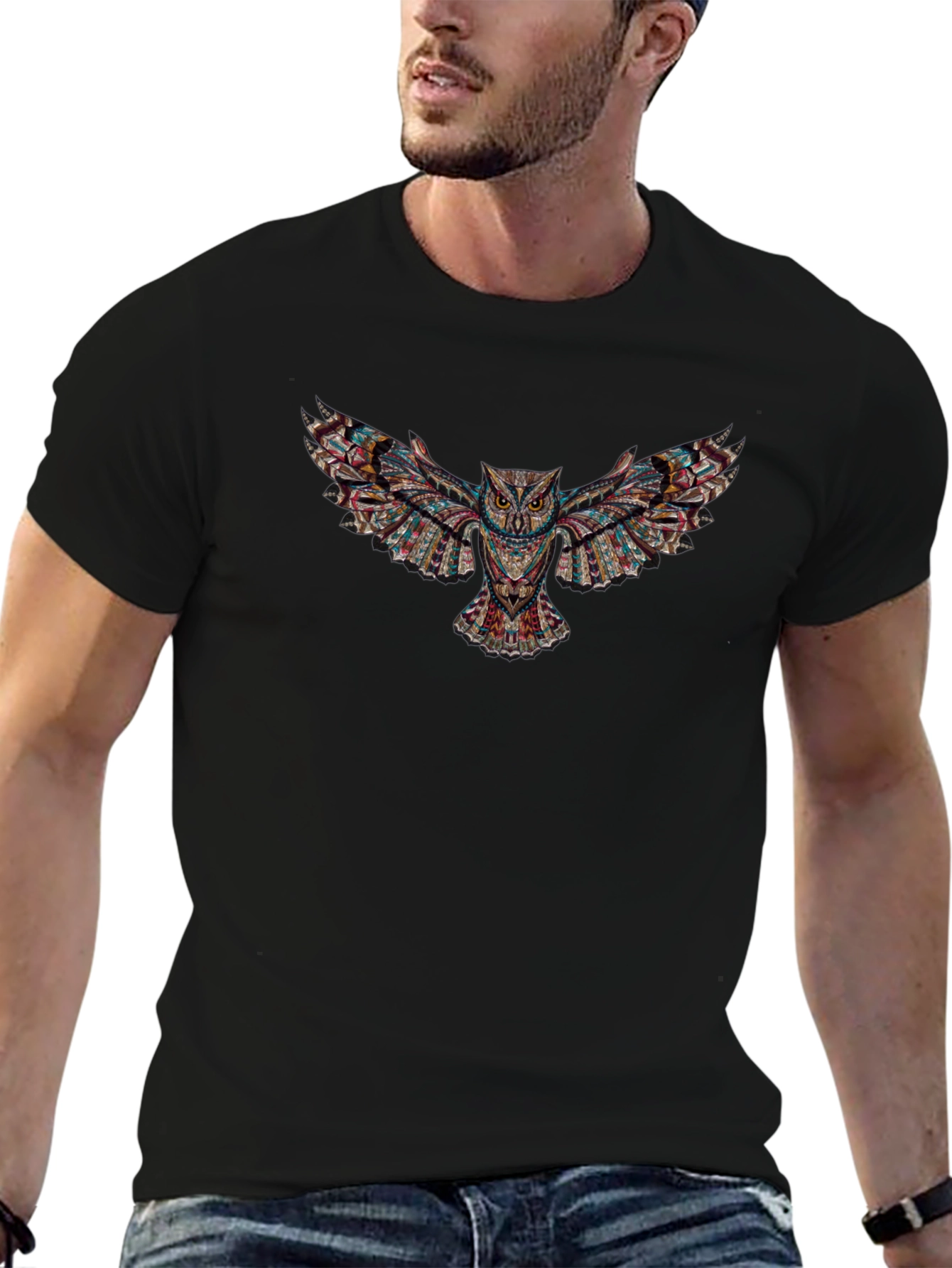 Abstract Owl Graphic Print Black T-Shirt