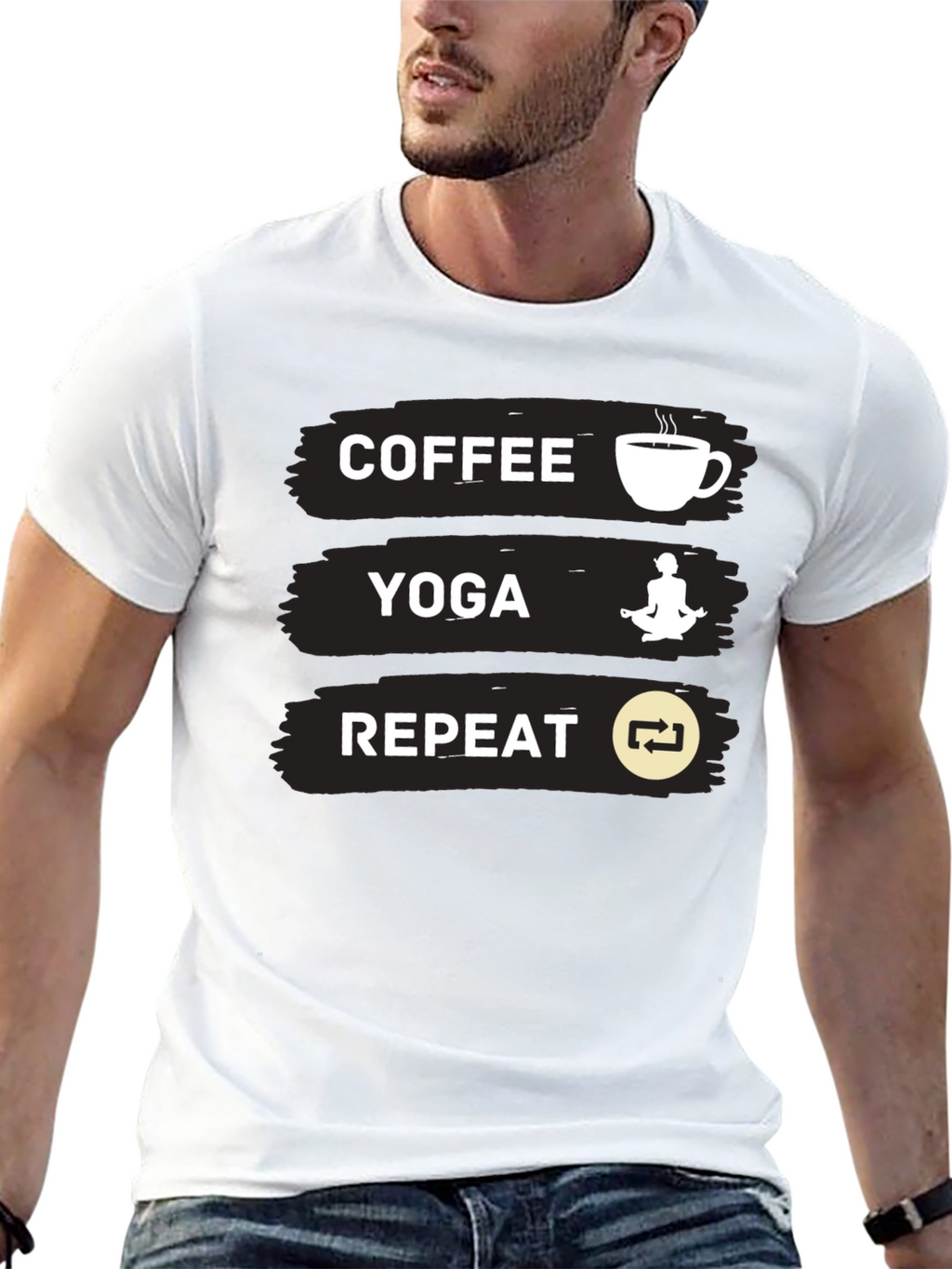 Coffee Yoga Repeat Graphic Tee - Black Casual T-Shirt