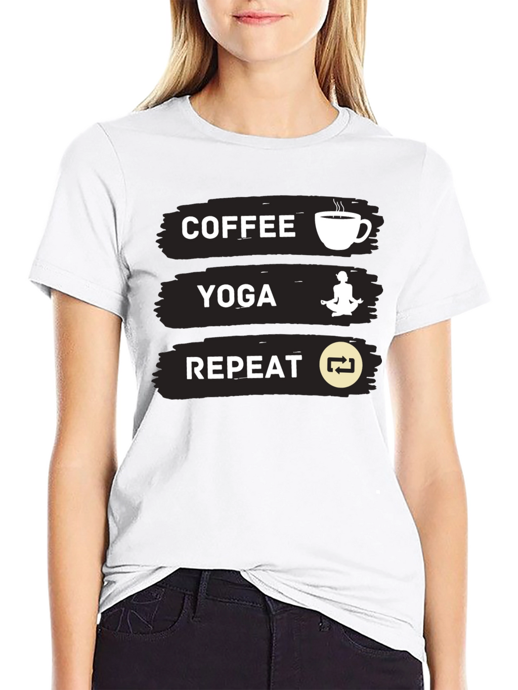 Coffee Yoga Repeat Graphic Tee - Black Casual T-Shirt