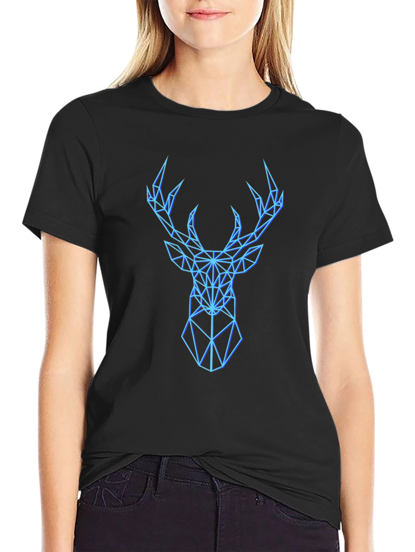 Geometric Deer Graphic Black T-Shirt