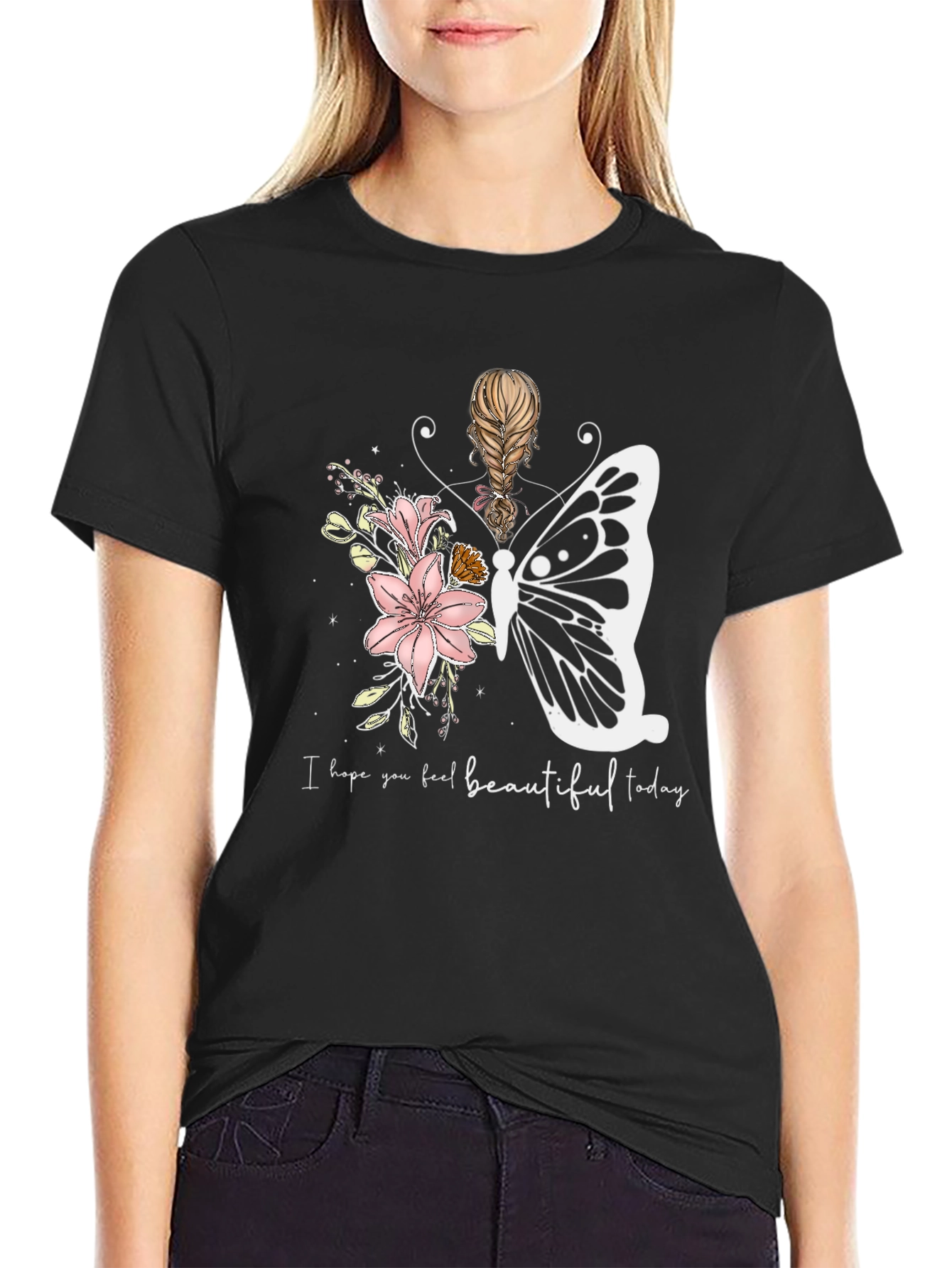 Floral Butterfly Graphic T-Shirt - Feel Beautiful