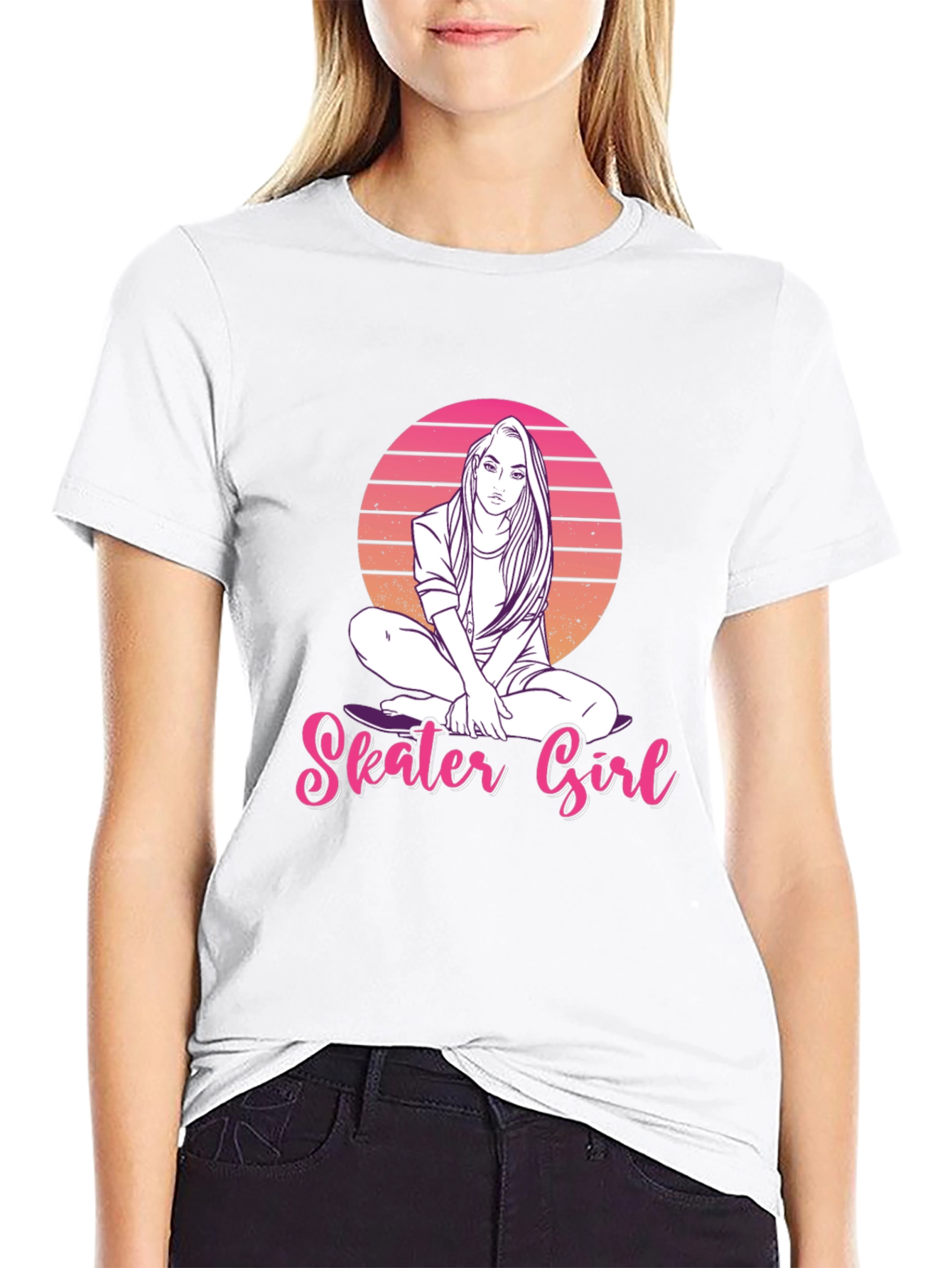 Skater Girl Graphic Tee - Retro Sunset Design