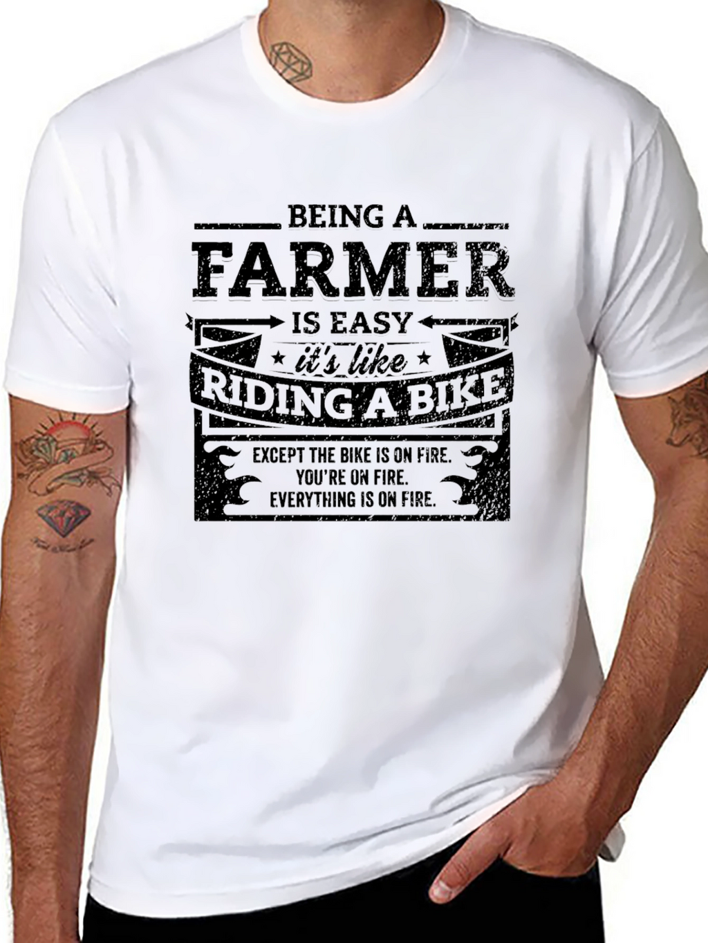 Funny Farmer T-Shirt: Riding a Bike on Fire
