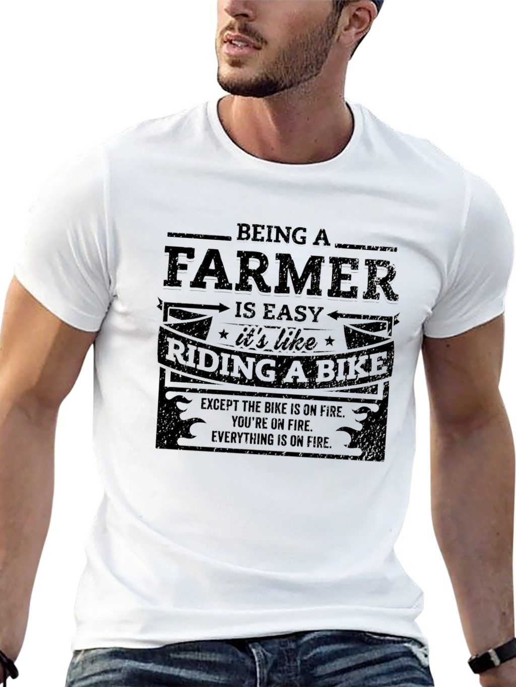 Funny Farmer T-Shirt: Riding a Bike on Fire