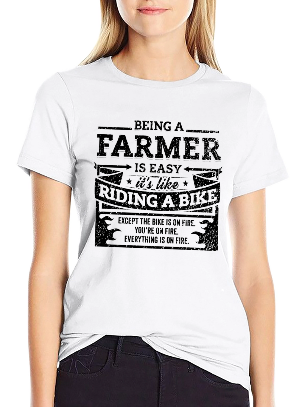 Funny Farmer T-Shirt: Riding a Bike on Fire