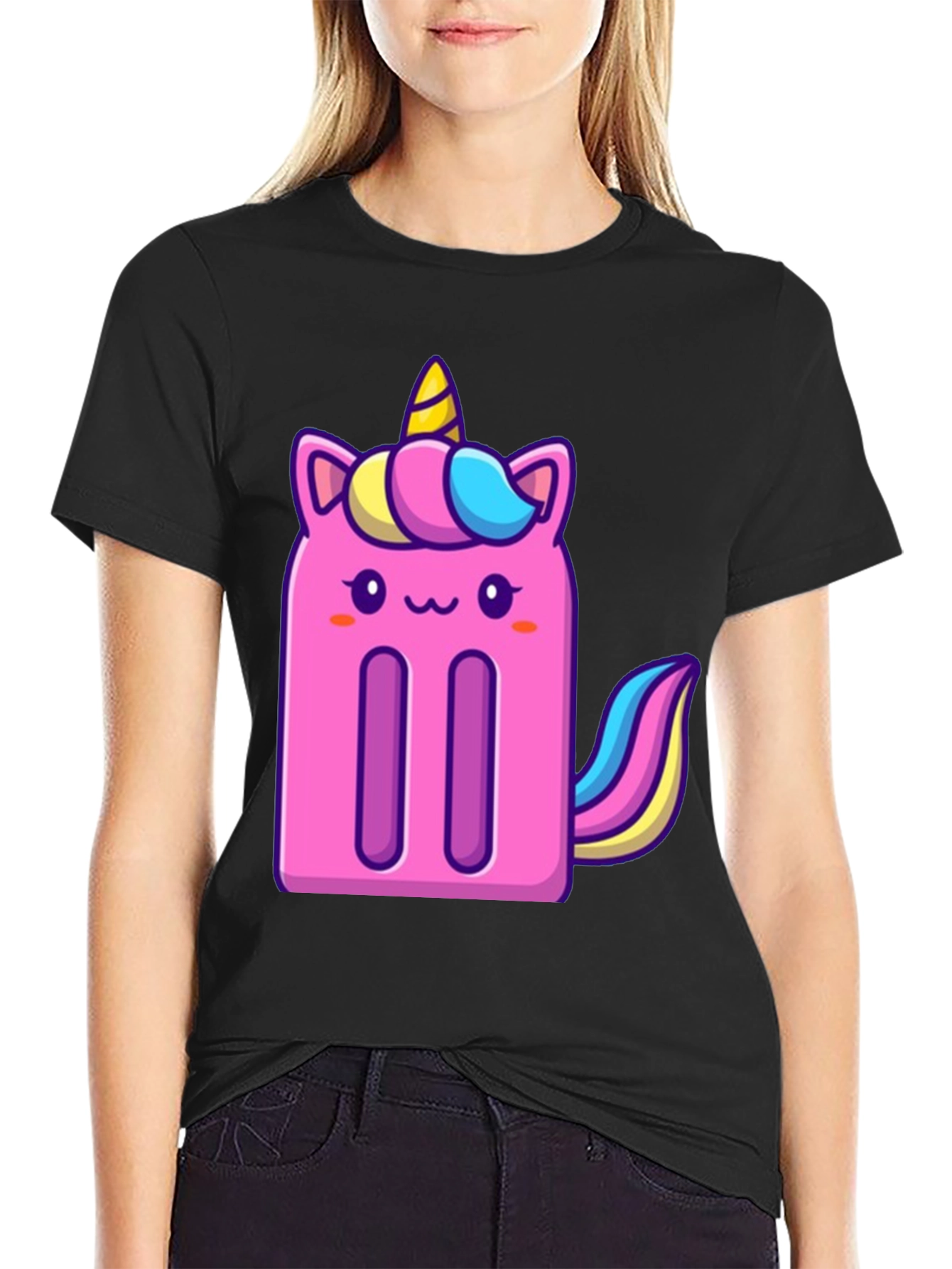 Unicorn Popsicle Graphic Tee - Black Cotton Blend T-Shirt