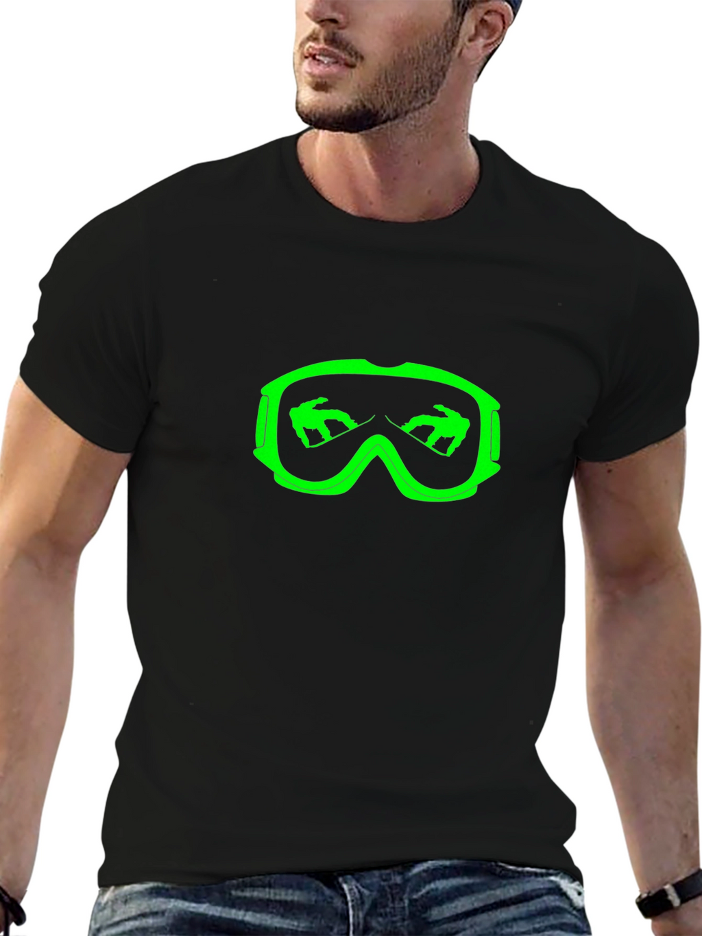 Cool Black T-Shirt with Green Ski Goggles Design