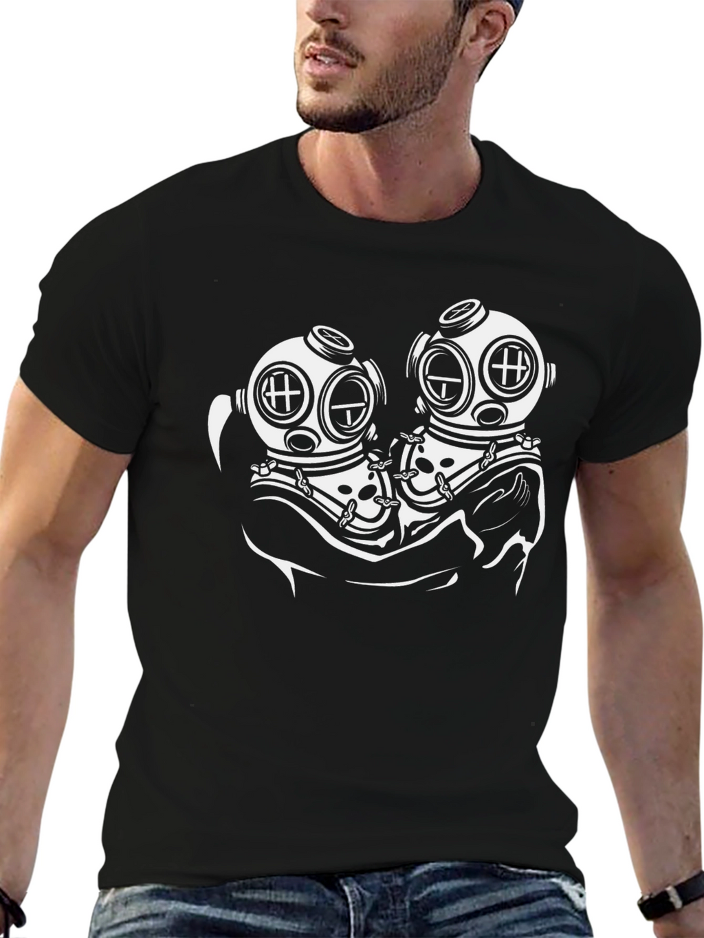 Diver Couple Graphic Tee - Black Cotton T-Shirt