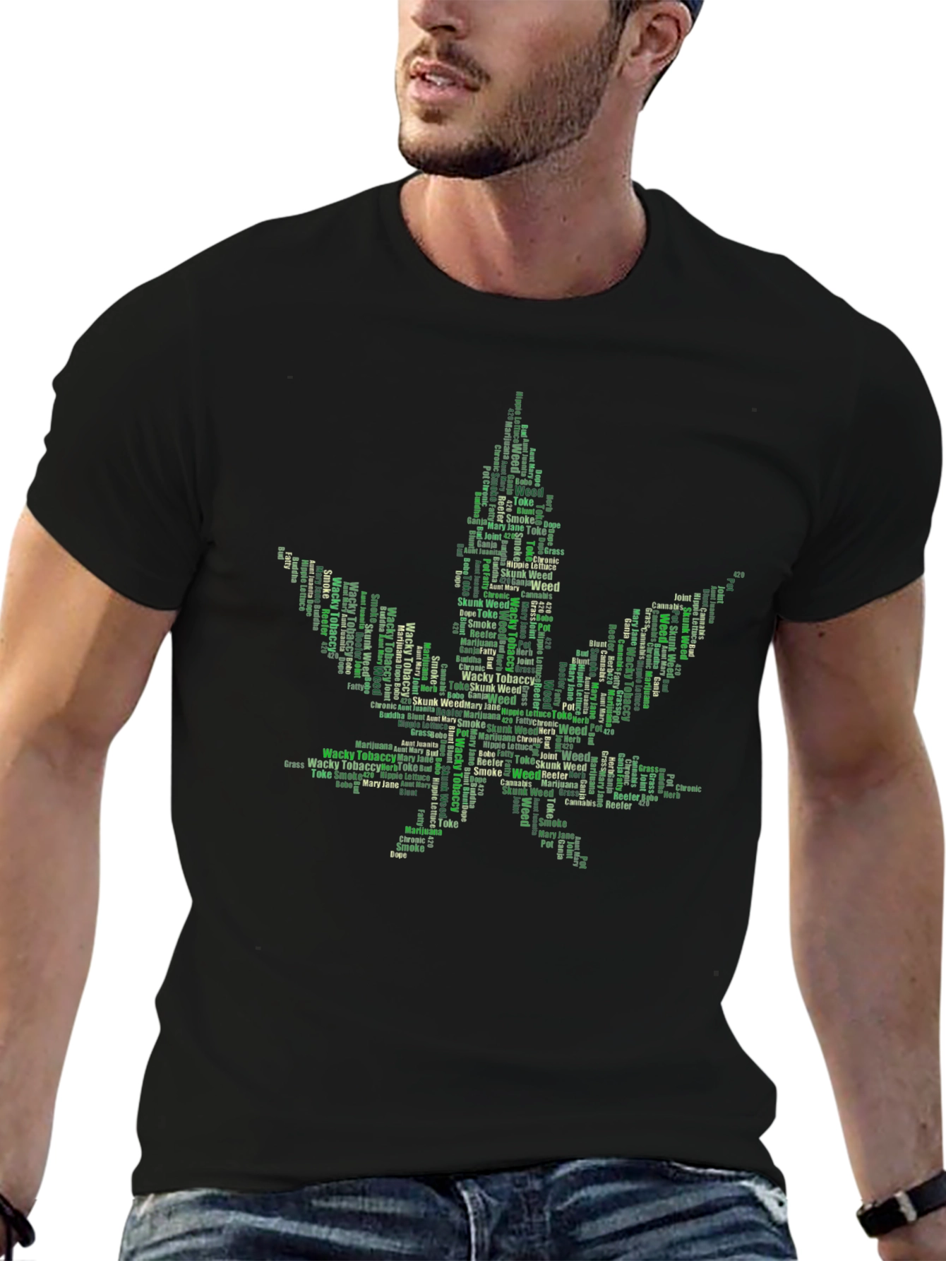 Weed Leaf Word Art Black T-Shirt