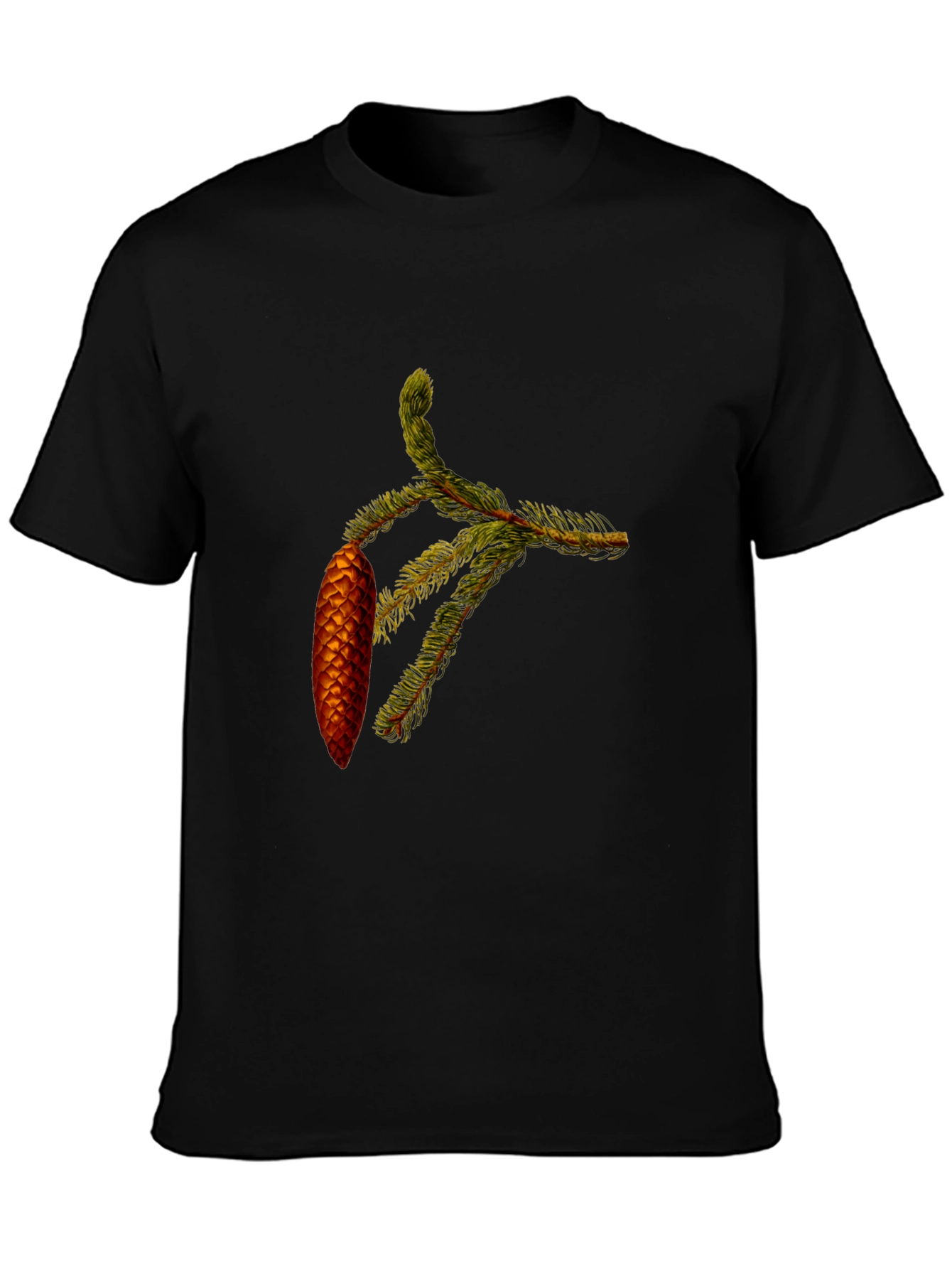 Natures Touch Black Cotton Tee - Pine Cone Branch Print