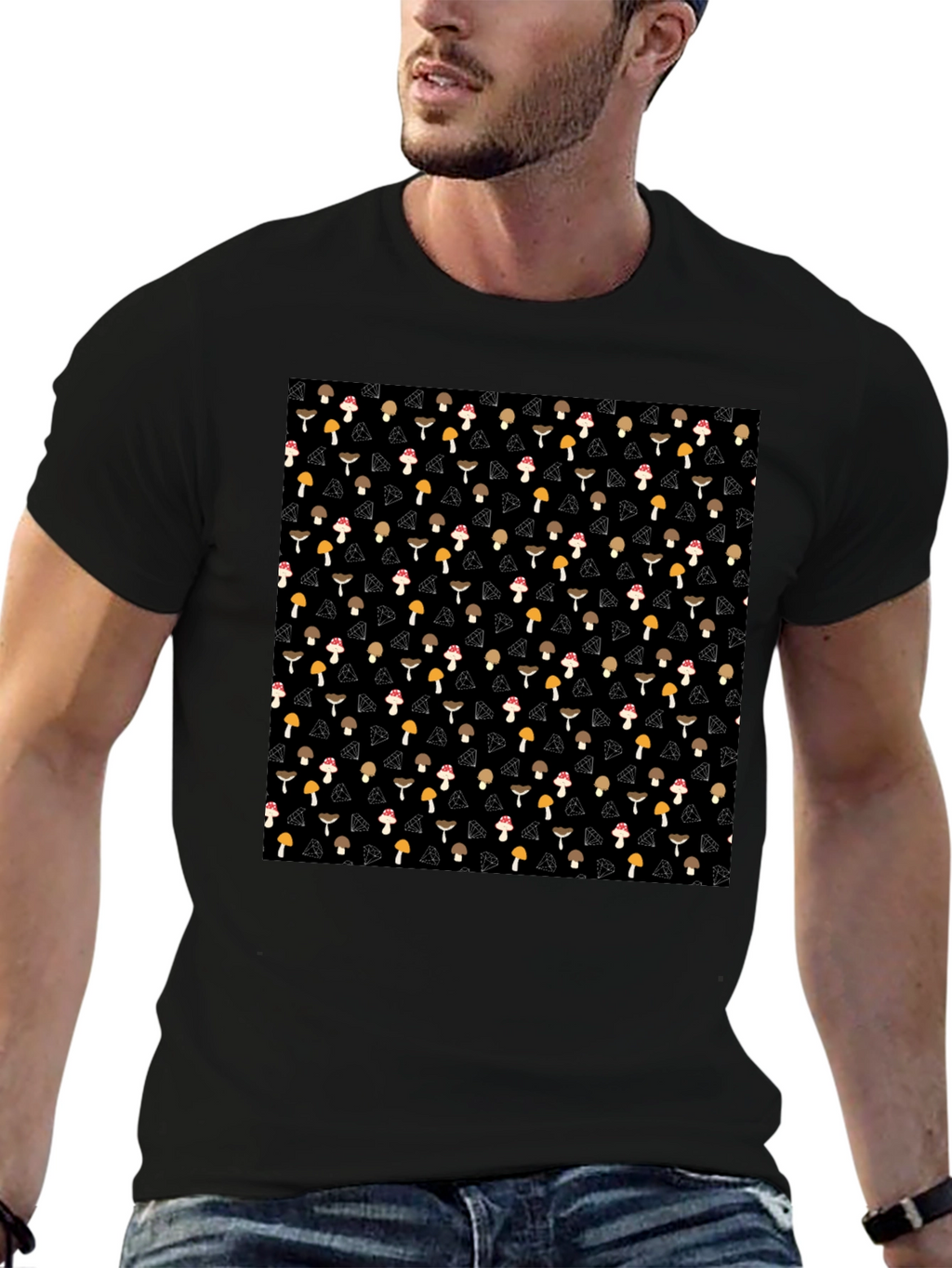 Mushroom Diamond Pattern Black T-Shirt