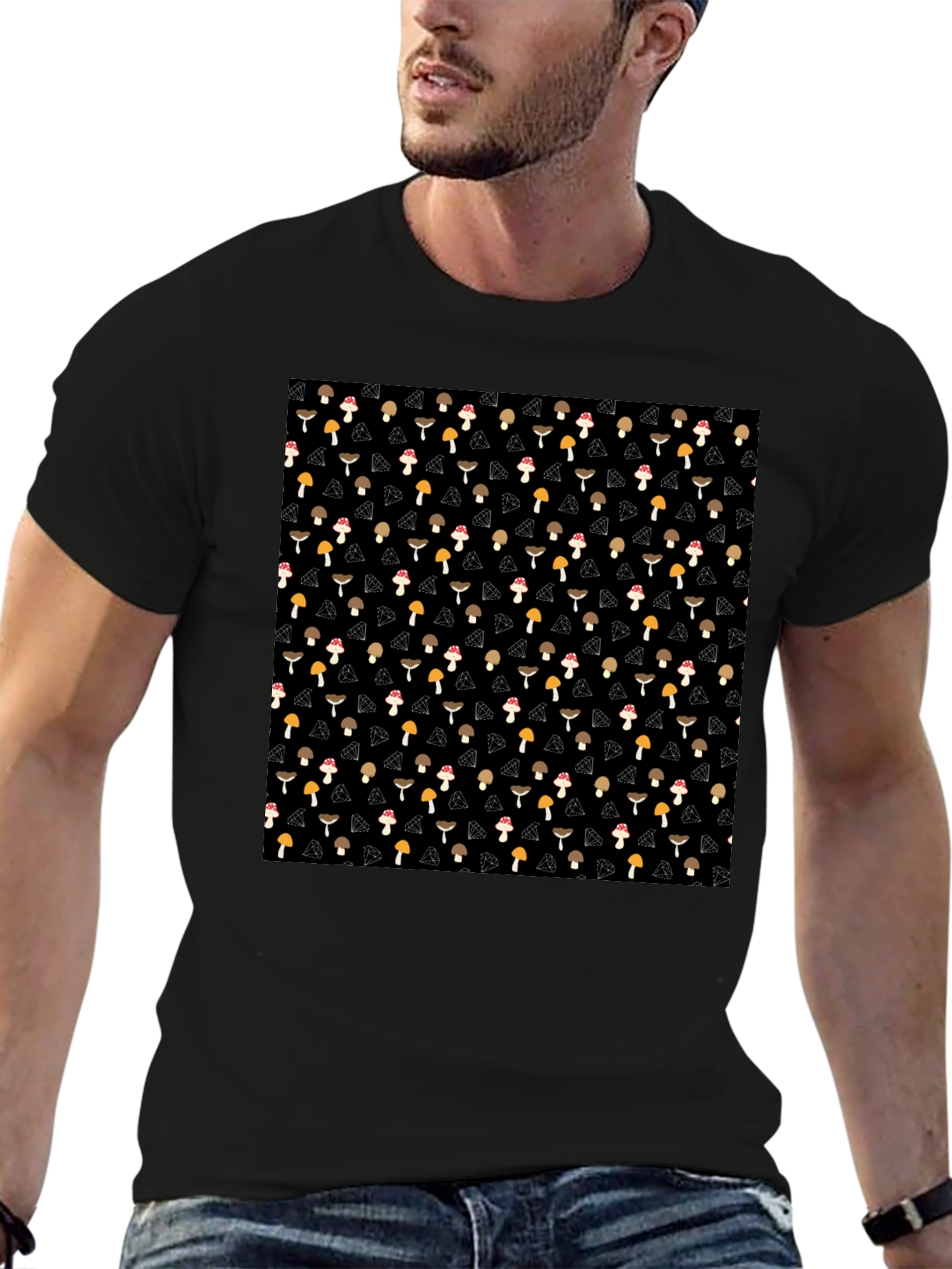 Mushroom Diamond Pattern Black T-Shirt