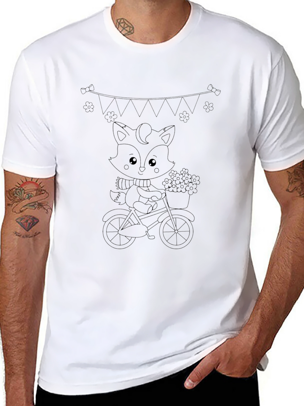 Cute Fox on Bike Black T-Shirt