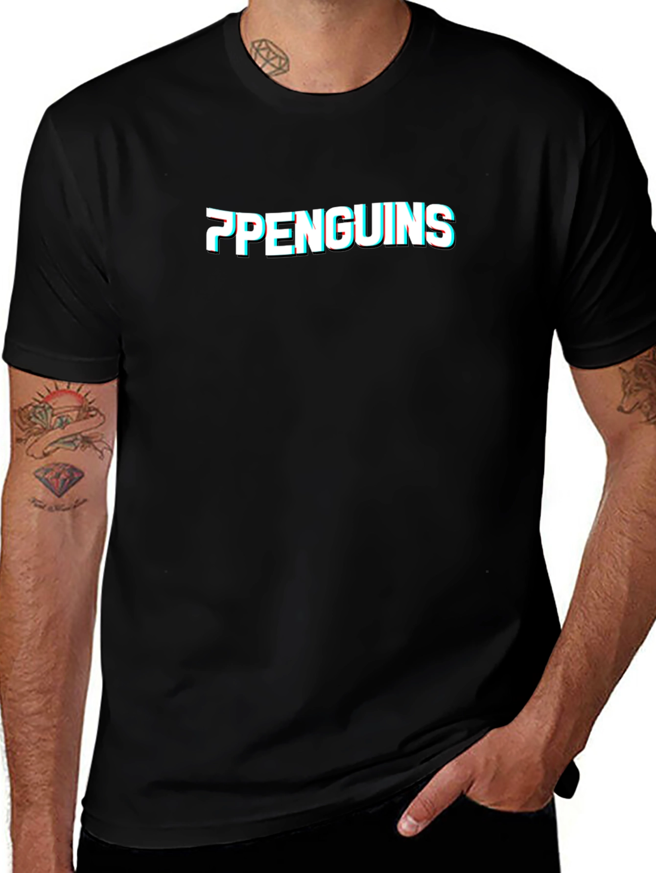Penguins Glitch Graphic Black T-Shirt