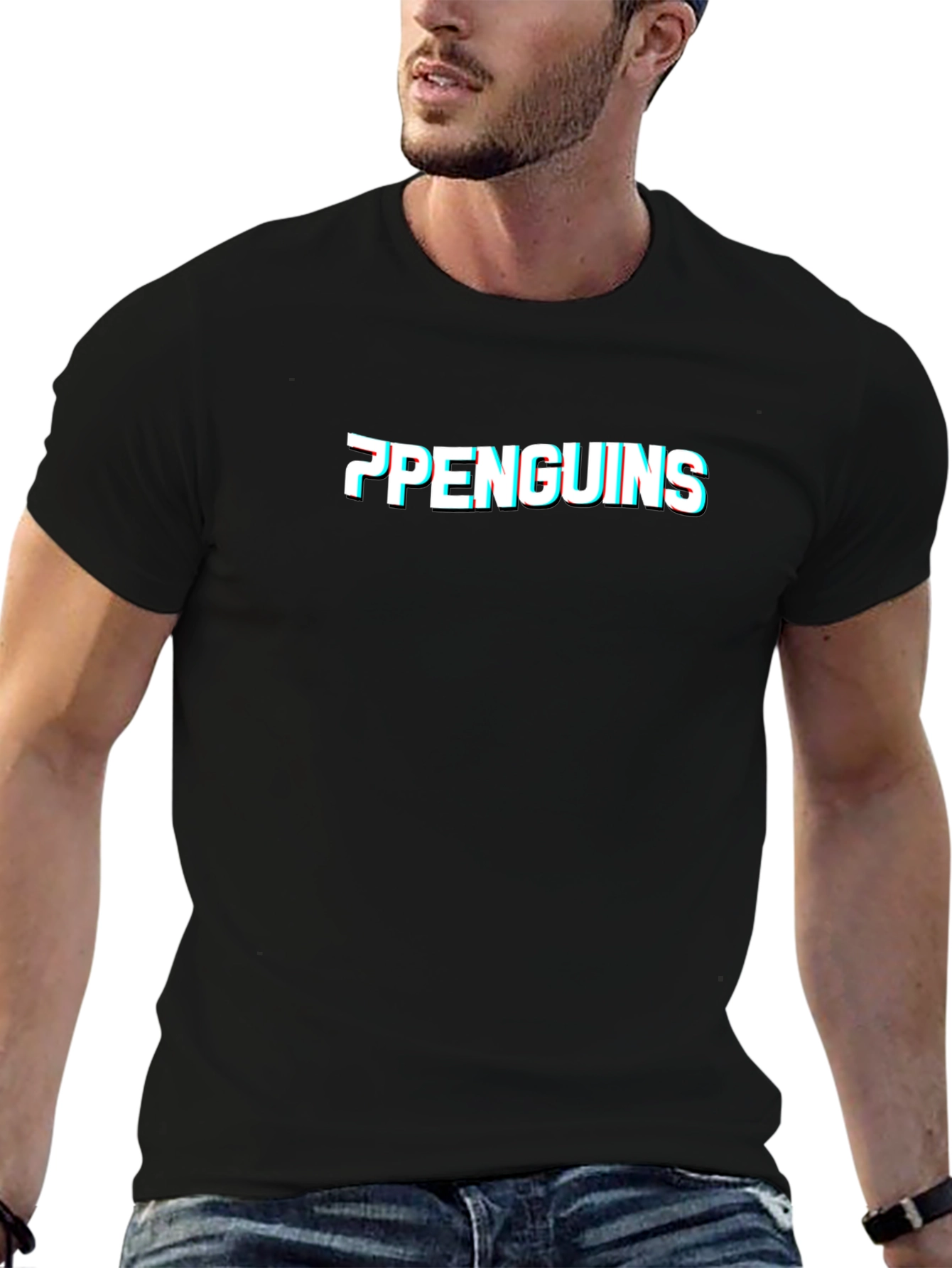 Penguins Glitch Graphic Black T-Shirt
