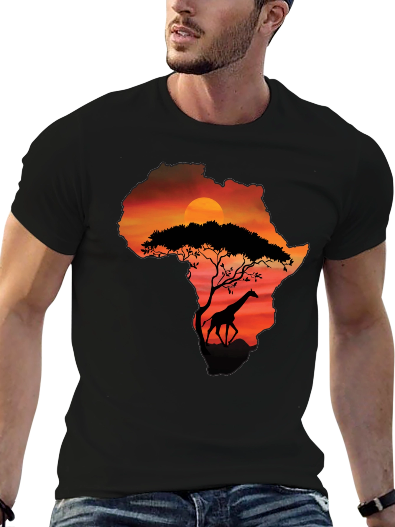 African Sunset Giraffe Graphic Tee - Black