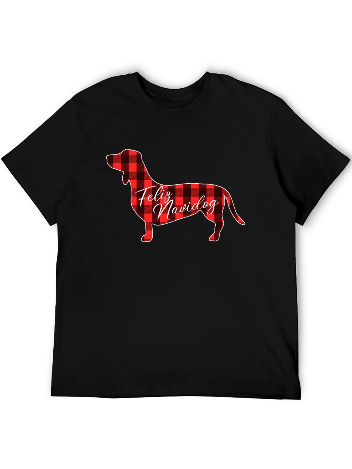 Feliz Navidog Plaid Dachshund Black T-Shirt