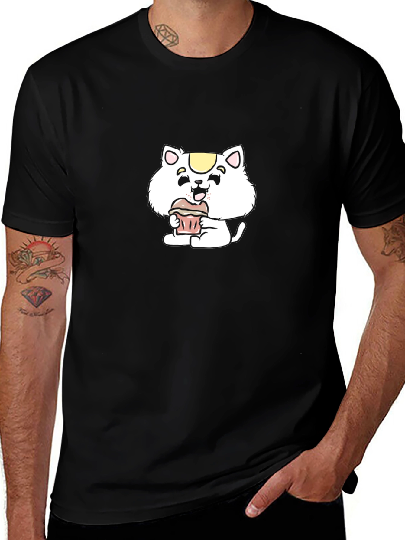 Cute Cartoon Cat Cupcake Black T-Shirt