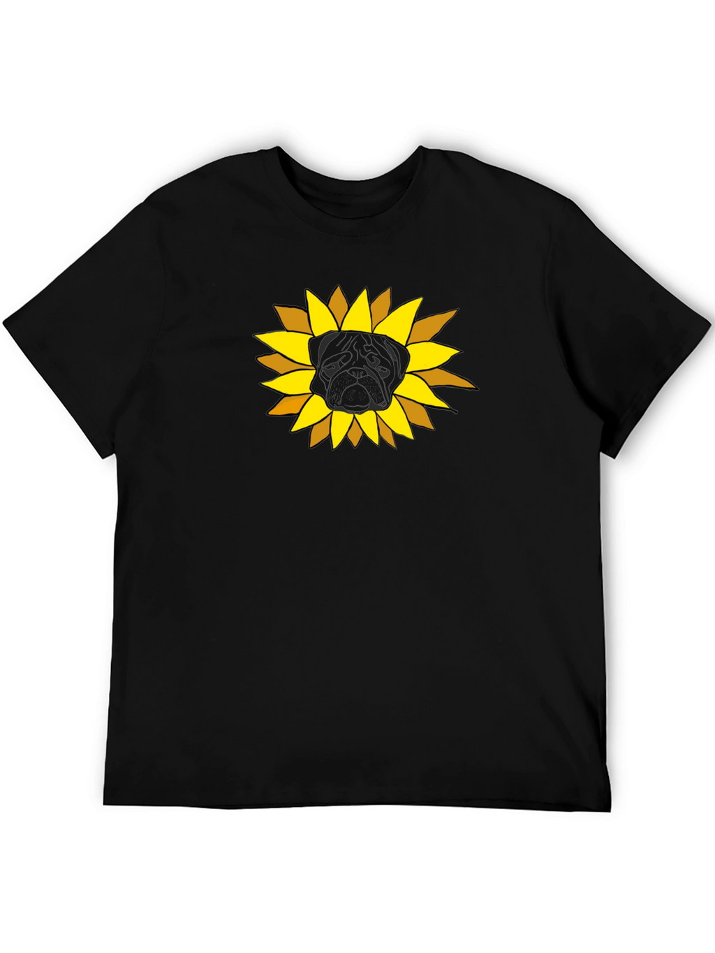 Sunflower Pug Graphic Tee - Black Cotton Casual Shirt