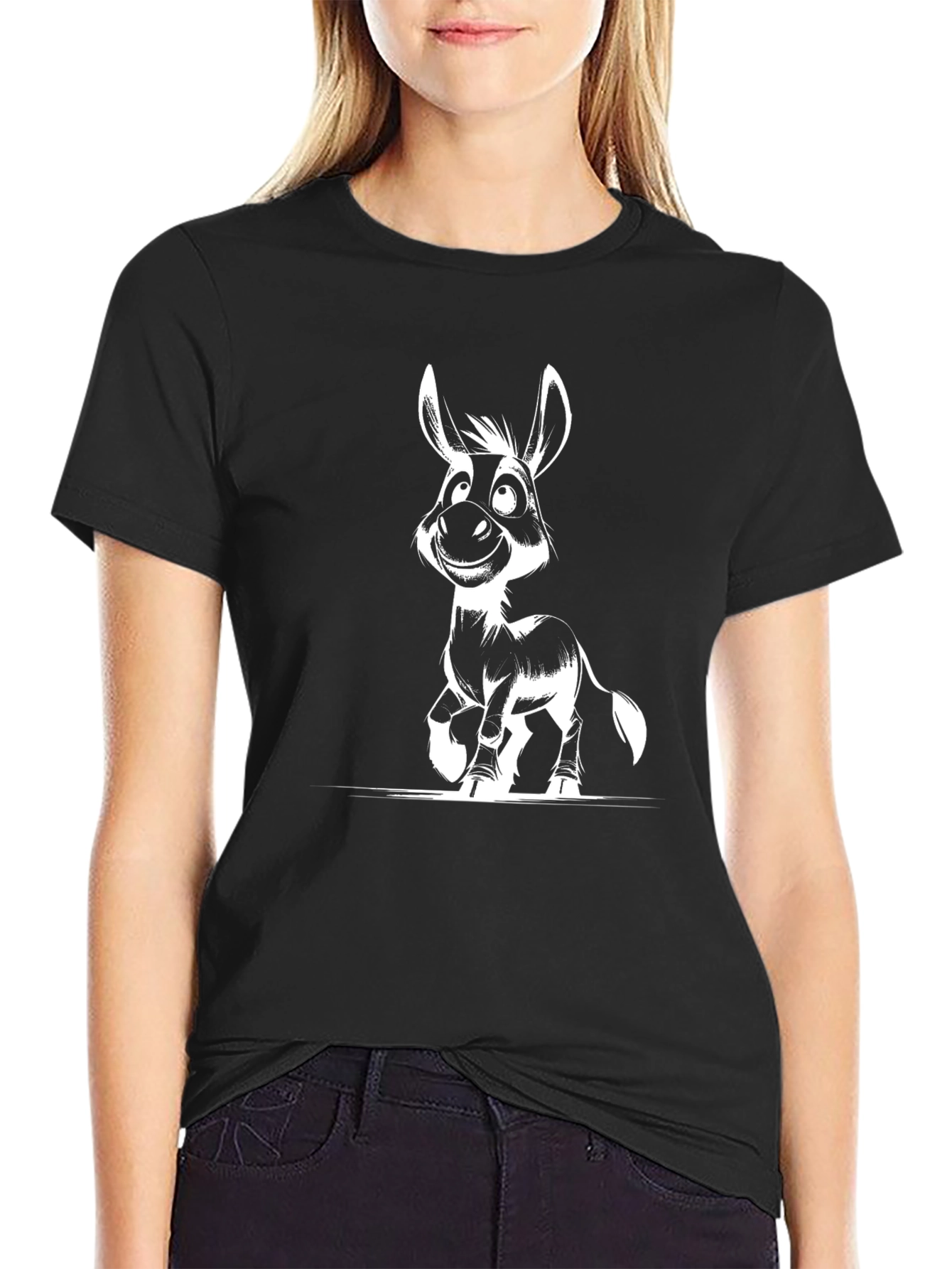 Donkey Cartoon Graphic Black T-Shirt