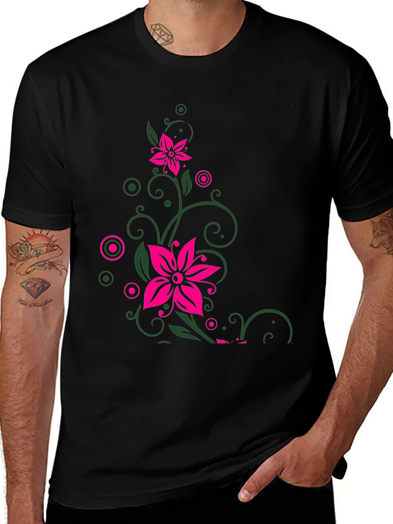 Floral Vine Graphic Print Mens Black T-Shirt