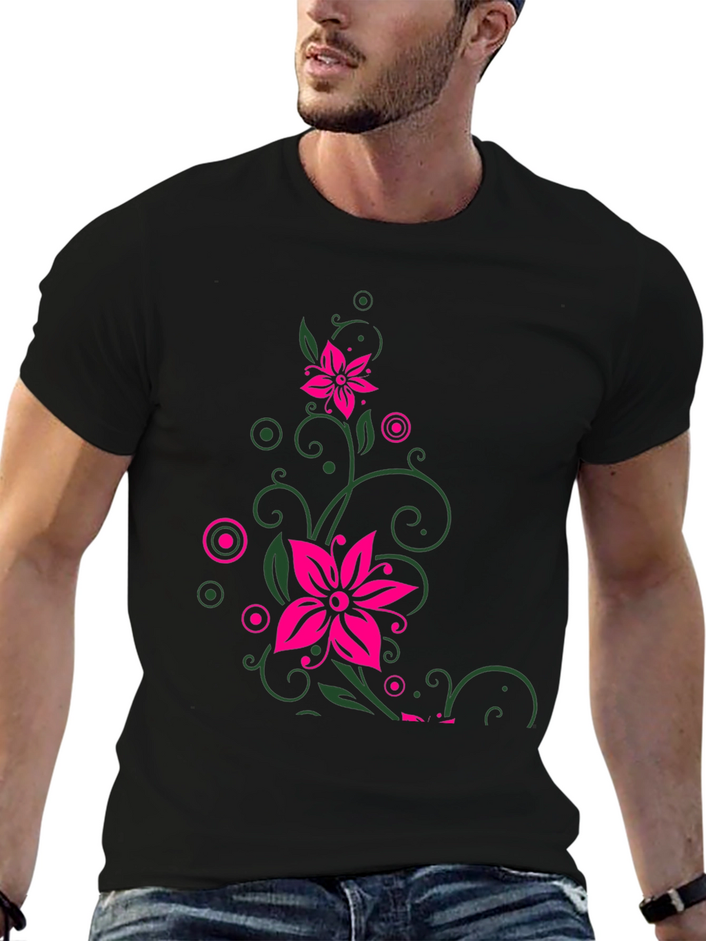 Floral Vine Graphic Print Mens Black T-Shirt