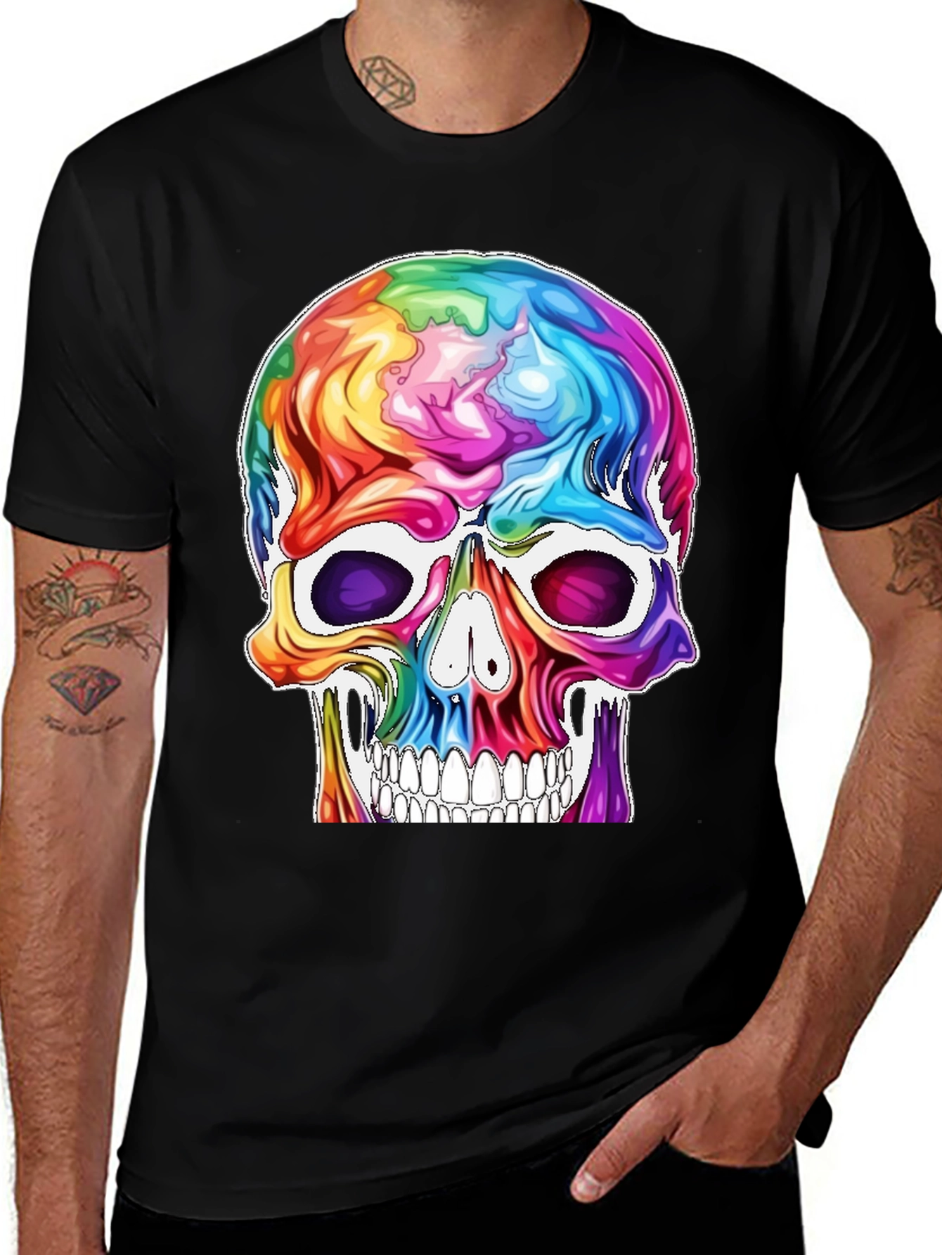 Colorful Skull Graphic Tee - Black Cotton T-Shirt