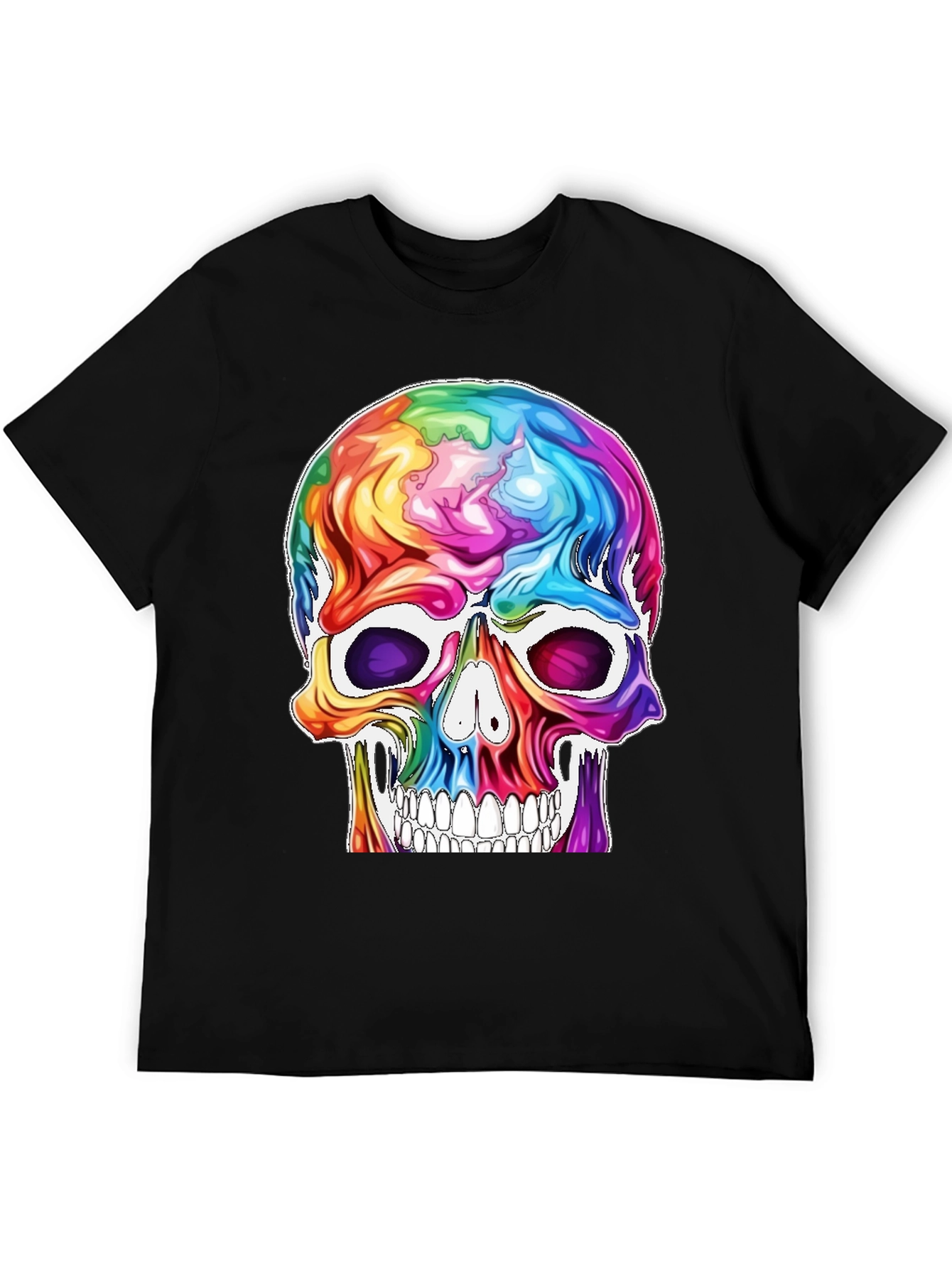 Colorful Skull Graphic Tee - Black Cotton T-Shirt