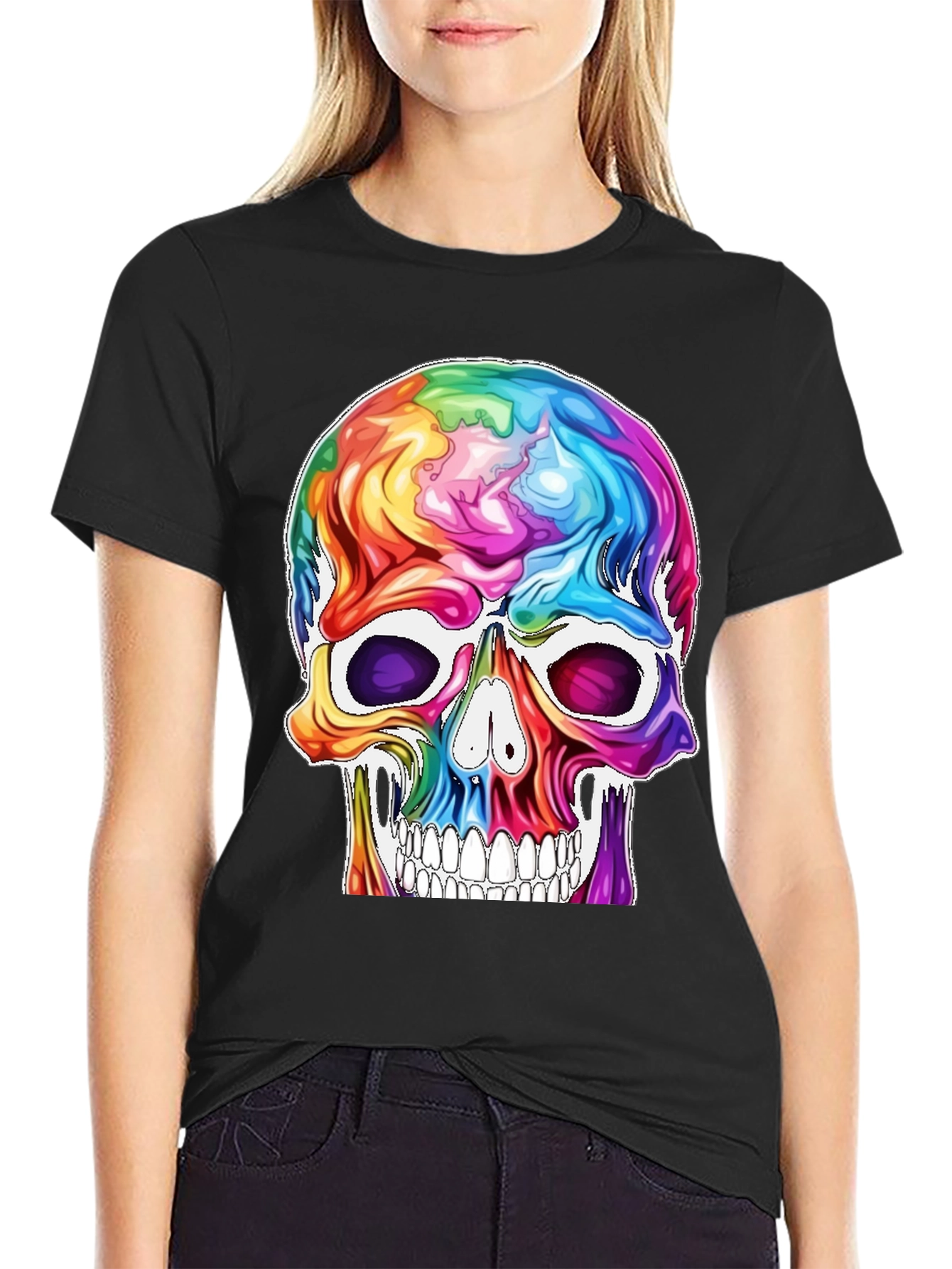Colorful Skull Graphic Tee - Black Cotton T-Shirt
