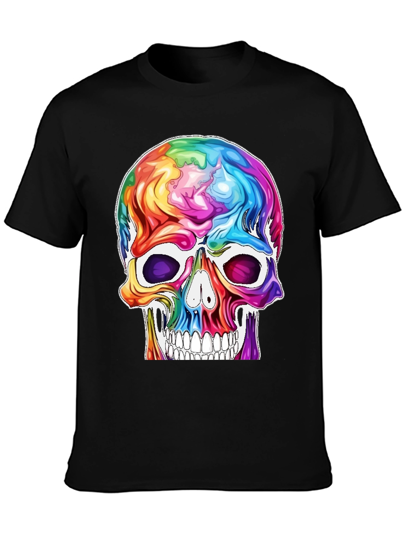 Colorful Skull Graphic Tee - Black Cotton T-Shirt