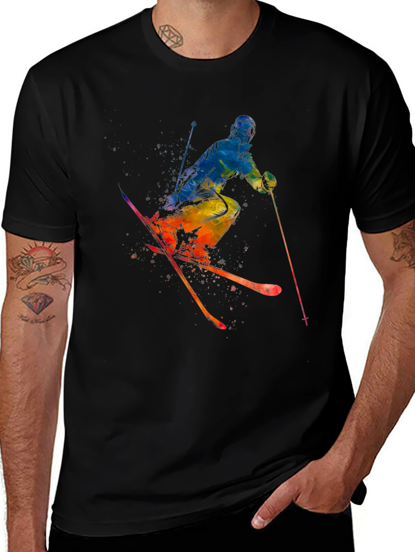 Watercolor Skier Graphic Tee - Sporty Mens T-Shirt