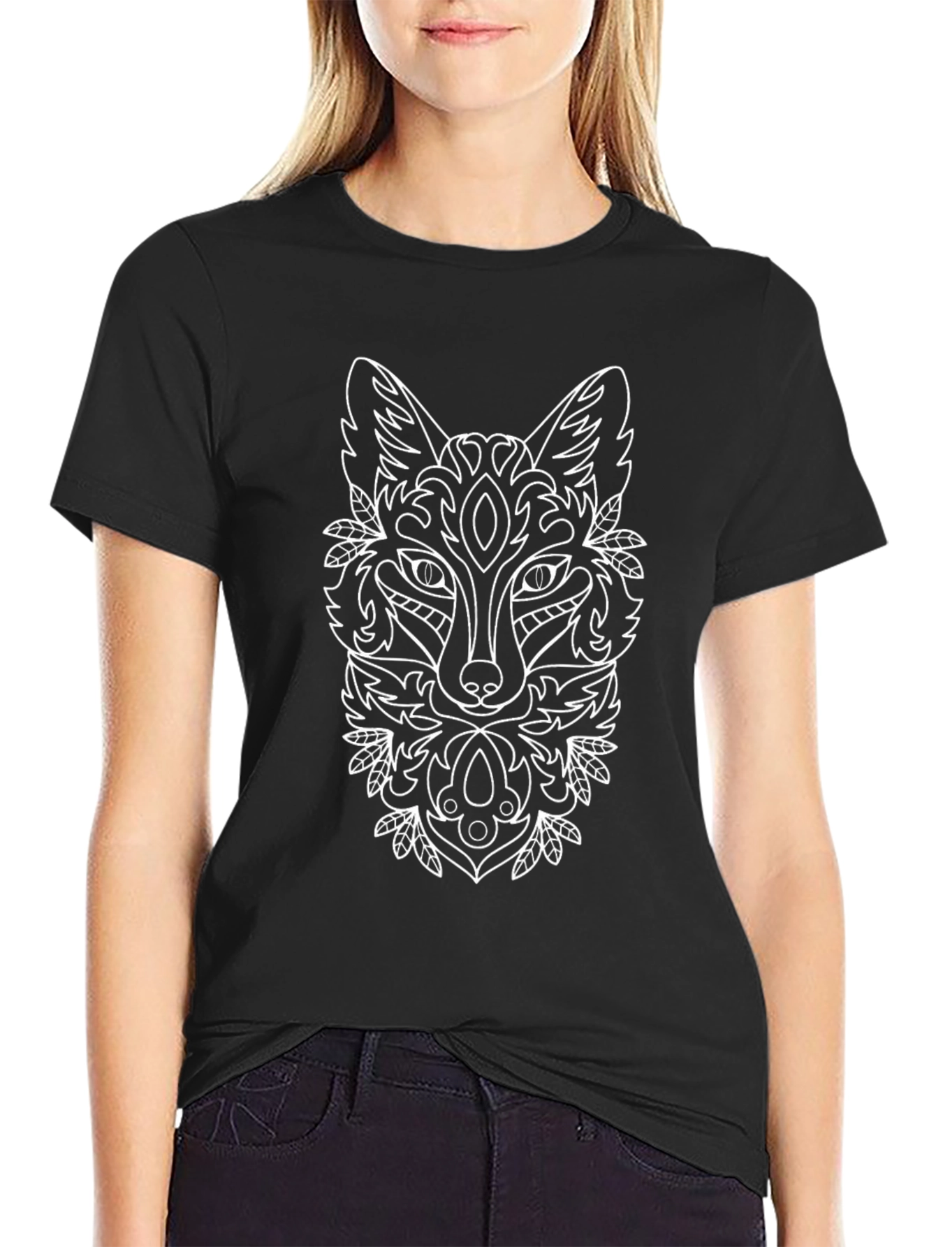 Tribal Fox Graphic Tee - Black Cotton
