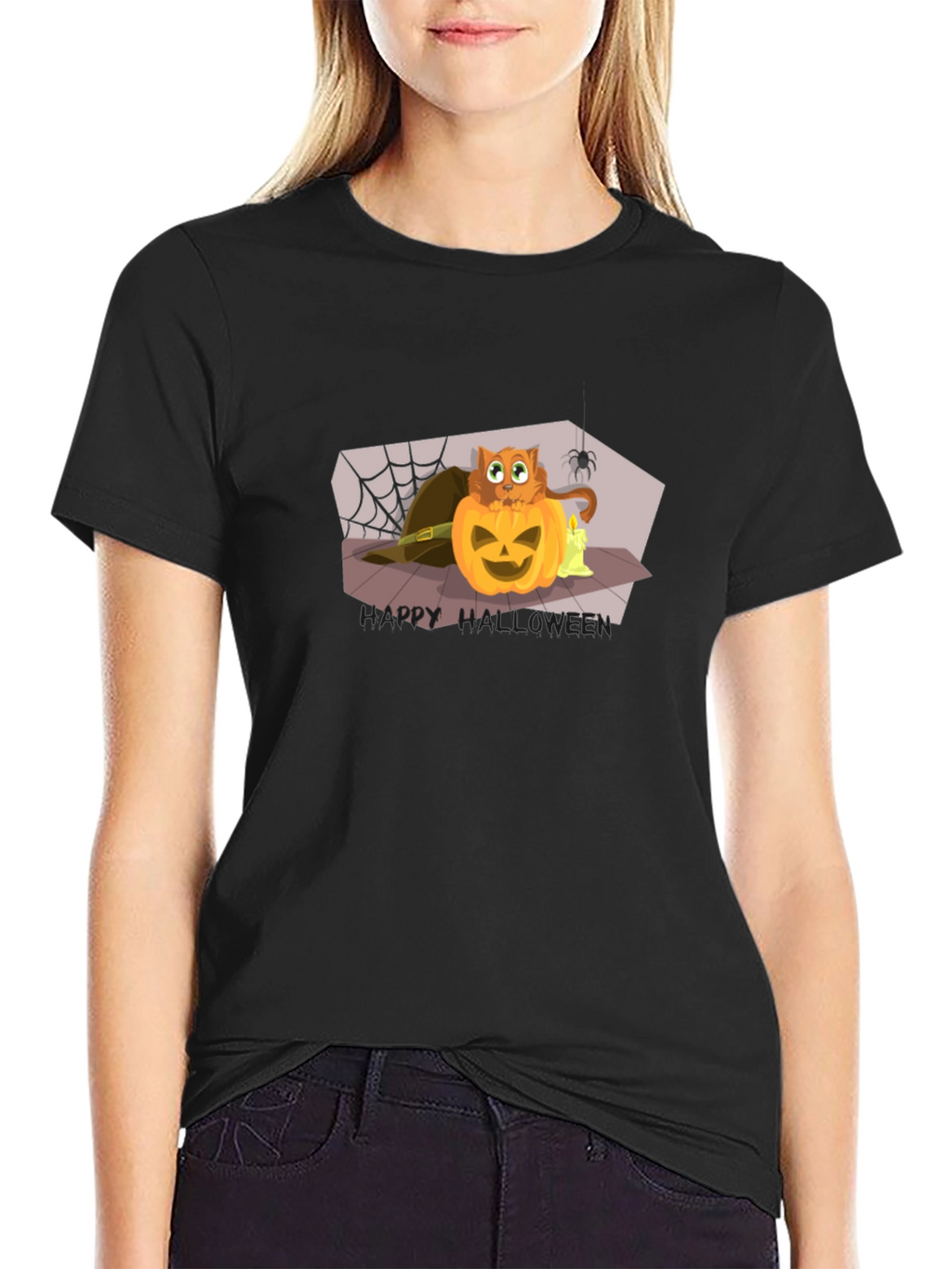 Halloween Cat Pumpkin Black T-Shirt