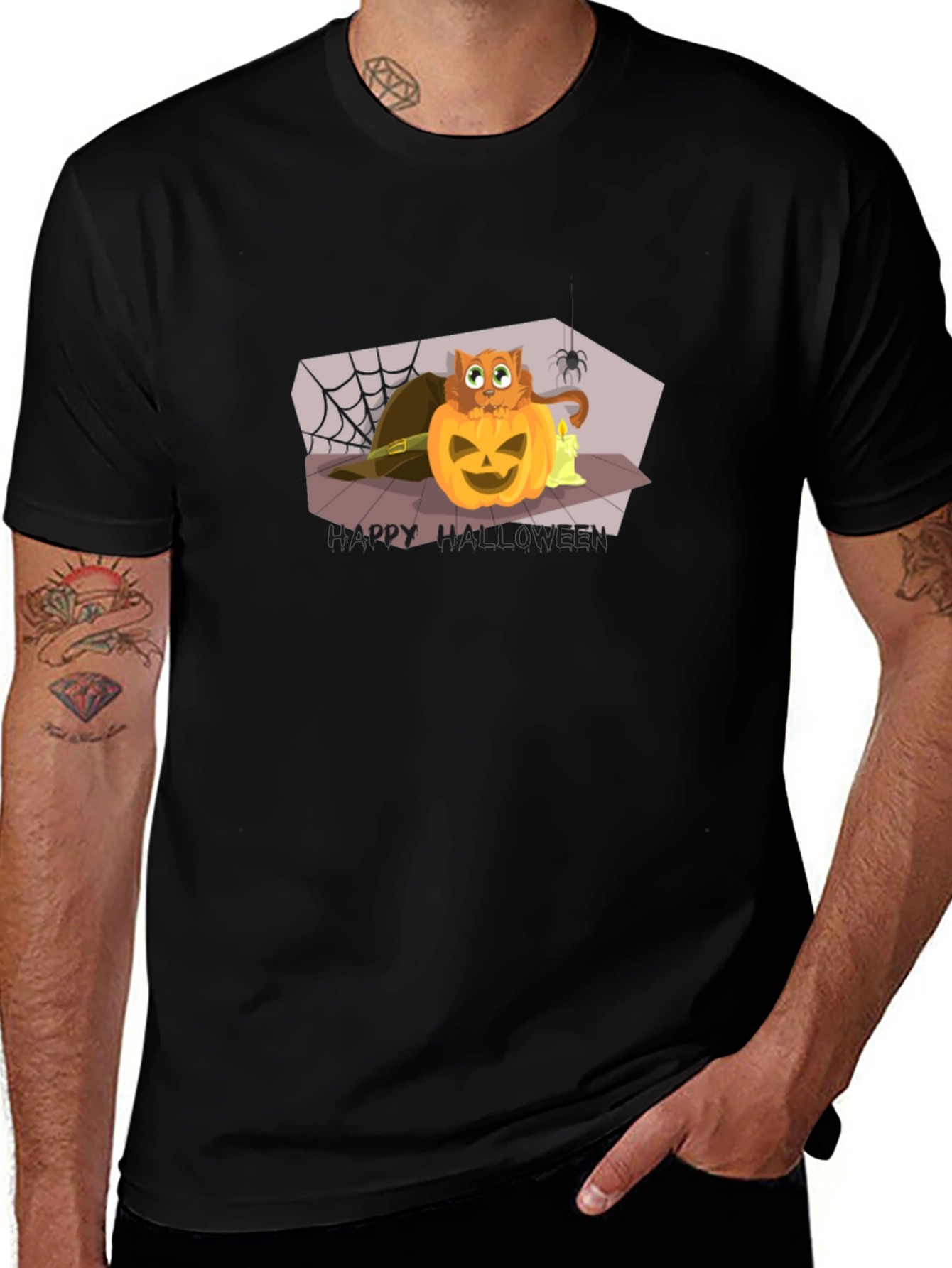 Halloween Cat Pumpkin Black T-Shirt