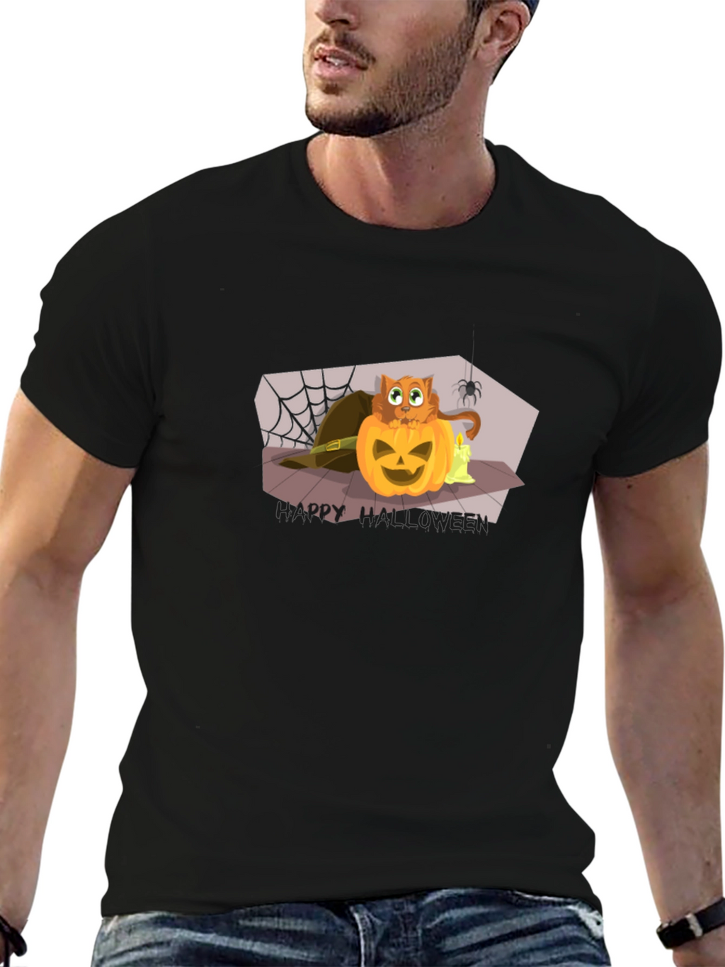 Halloween Cat Pumpkin Black T-Shirt