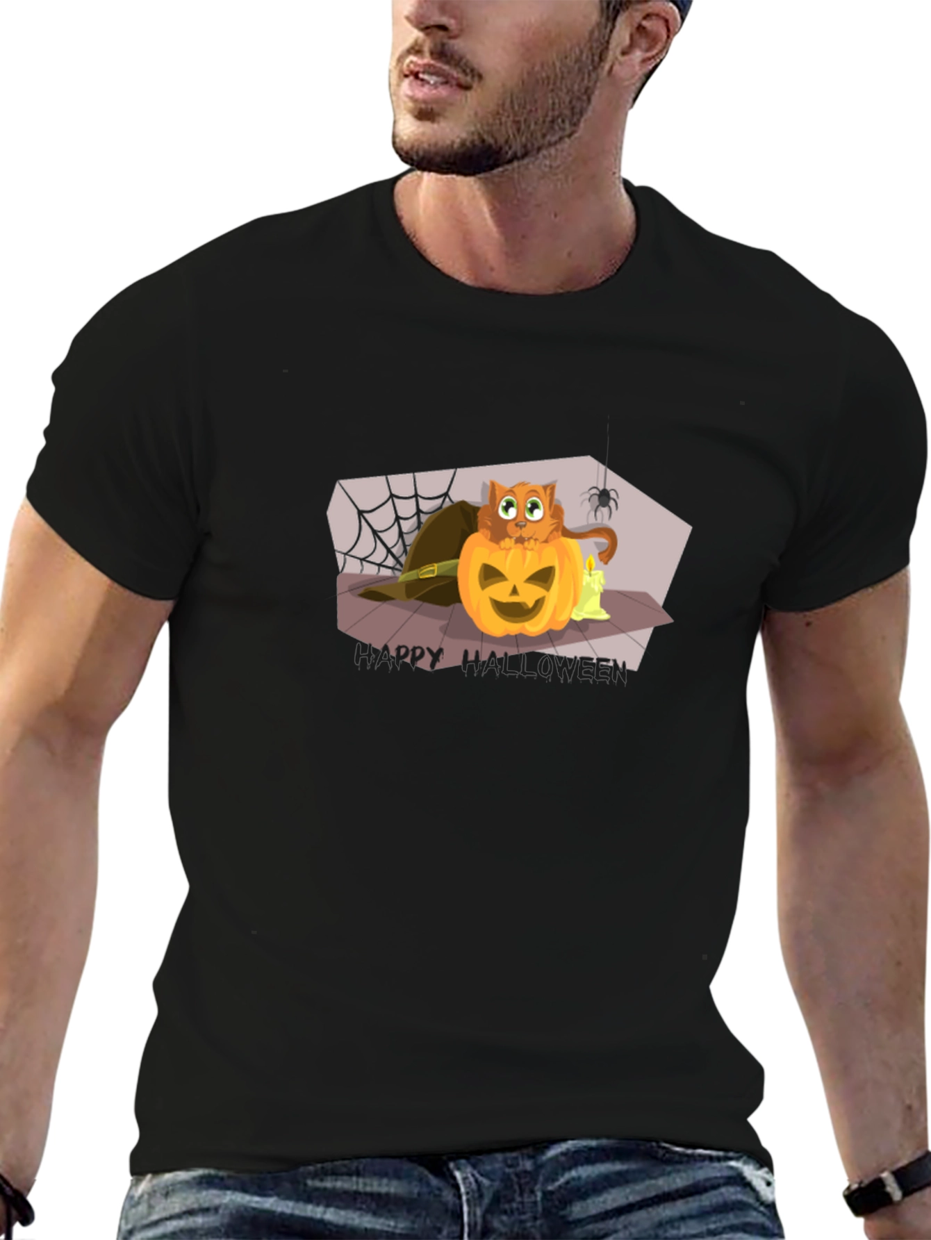 Halloween Cat Pumpkin Black T-Shirt