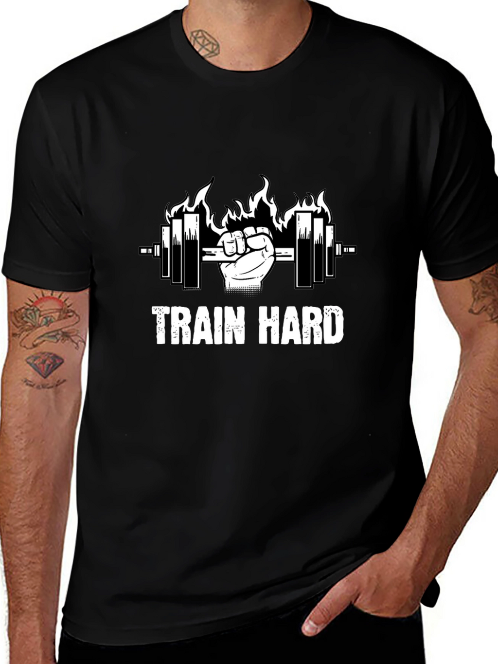 Train Hard Black Graphic Tee - Weightlifting Motivation
