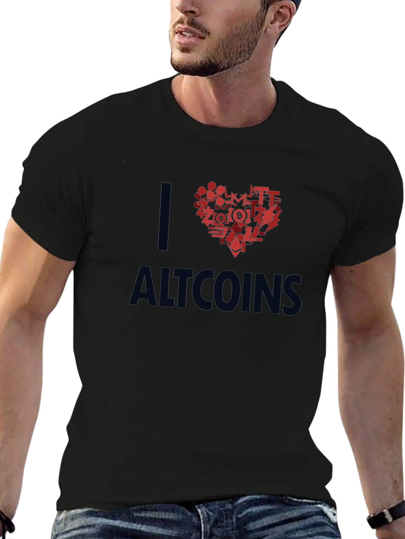 I Love Altcoins Black T-Shirt - Crypto Heart Design