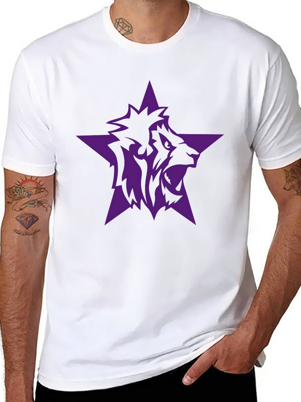 Black T-Shirt with Purple Lion Star Graphic