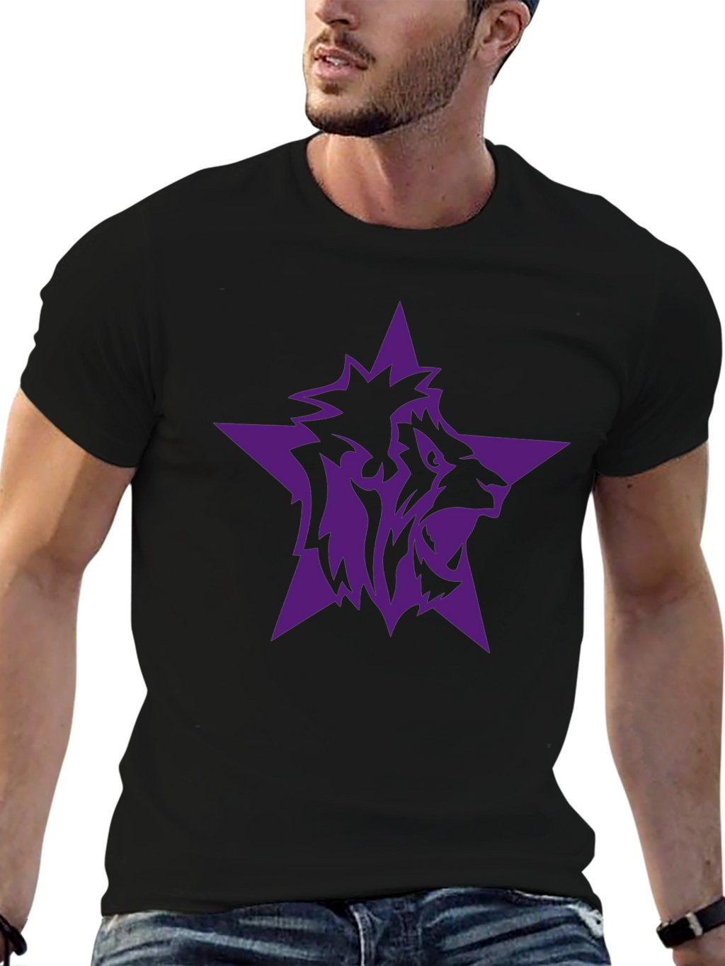 Black T-Shirt with Purple Lion Star Graphic